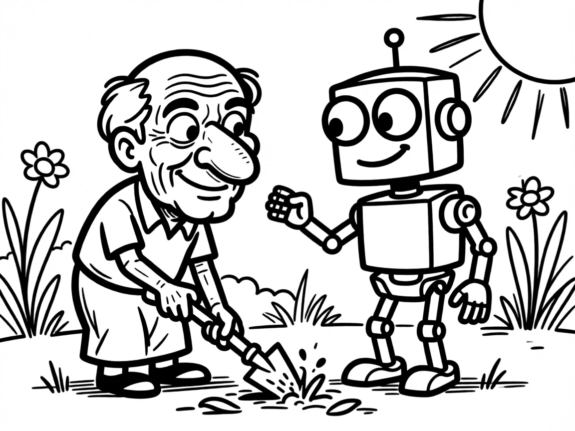 A robot companion helping an elderly person garden in a sunlit backyard.