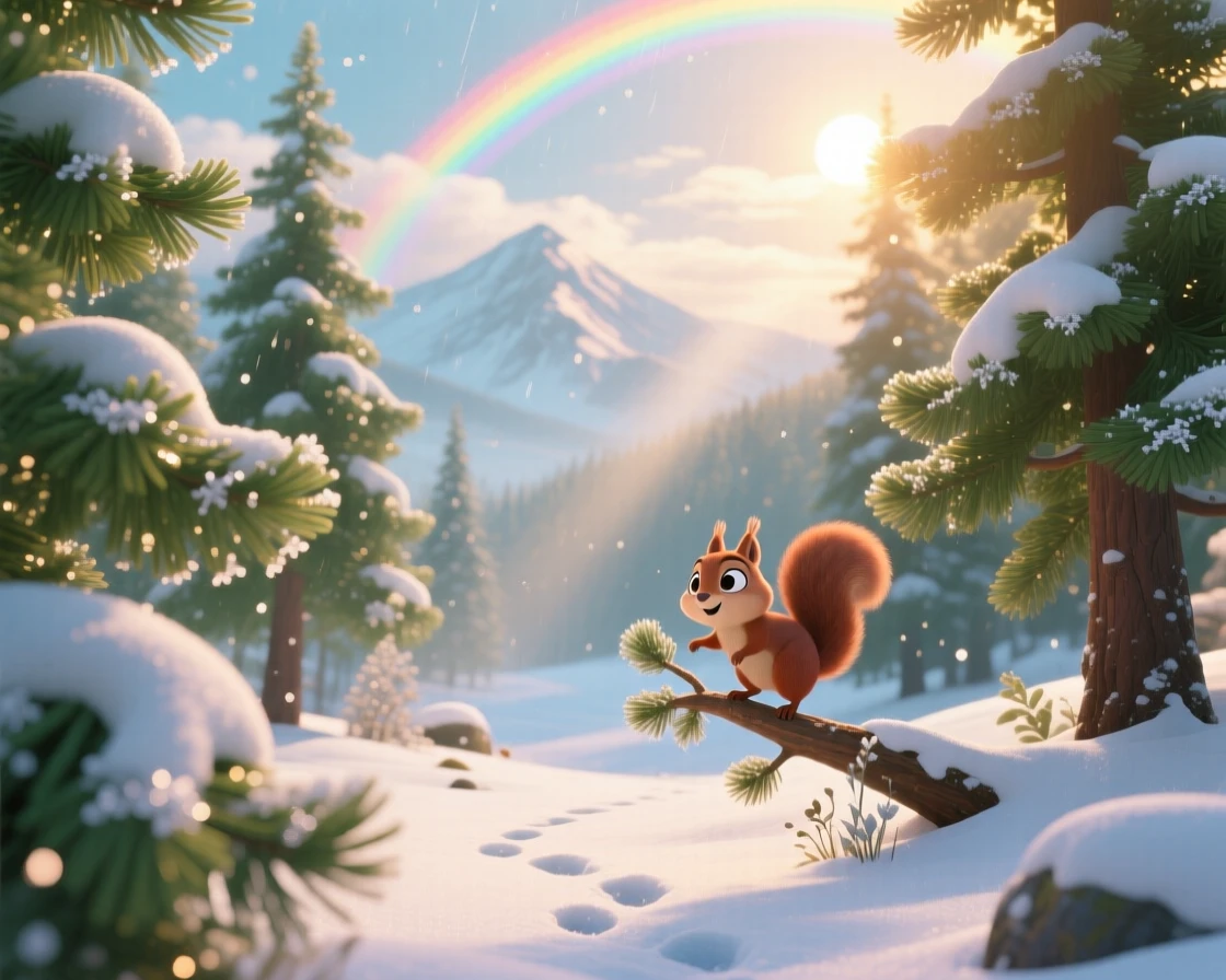 A snow-dusted pine forest glows while a rainbow arcs faintly overhead after a storm, with distant mountains fading into soft haze. The atmosphere feels fresh, alive, and untouched.