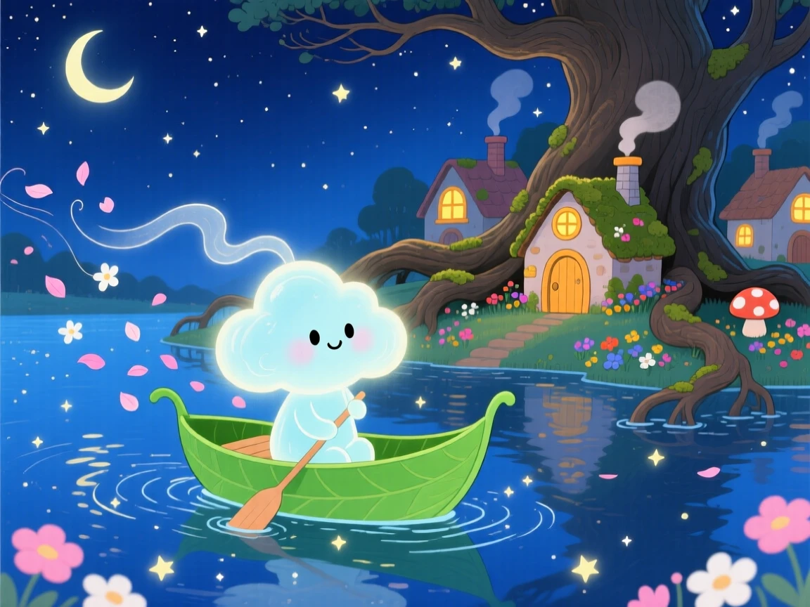 A cloud spirit pauses from riding a floating leaf boat across a starlit lake to marvel at a village of tiny cottages built into tree roots, while a gentle breeze carries the scent of flowers.