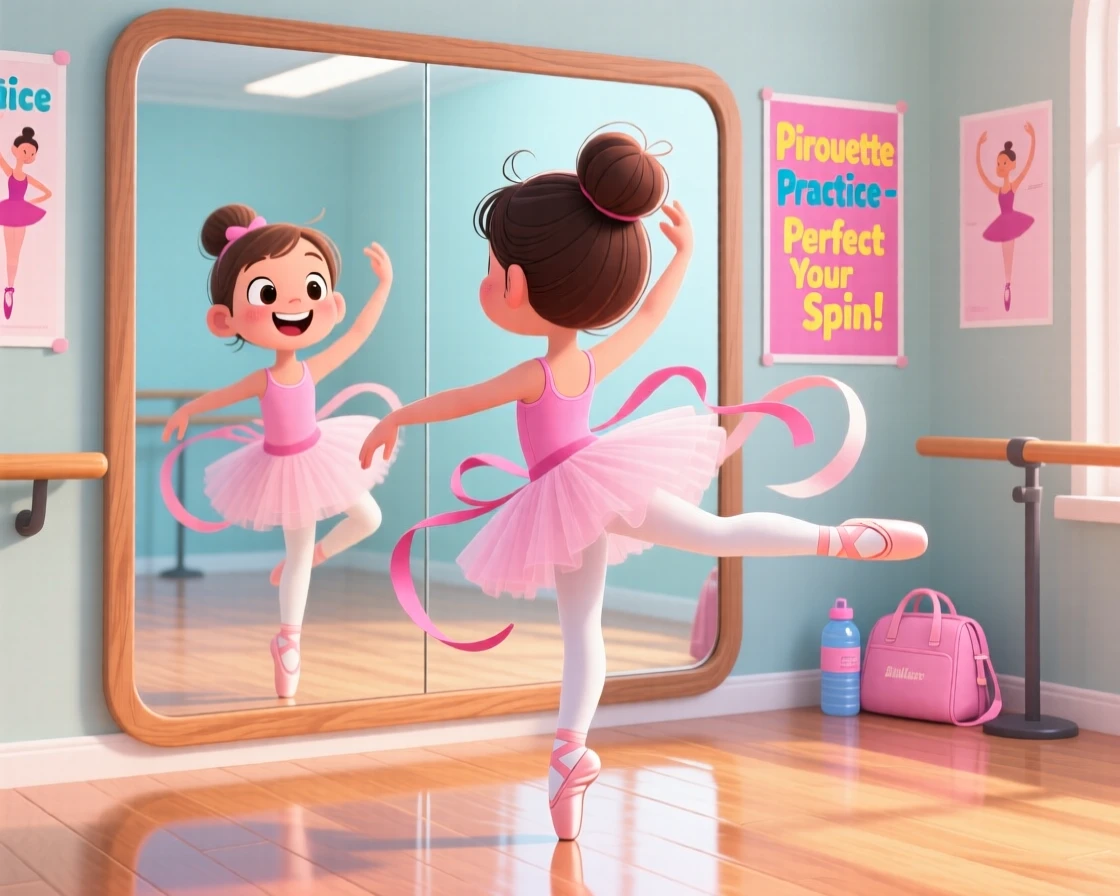 A young ballerina practicing pirouettes in front of a studio mirror.