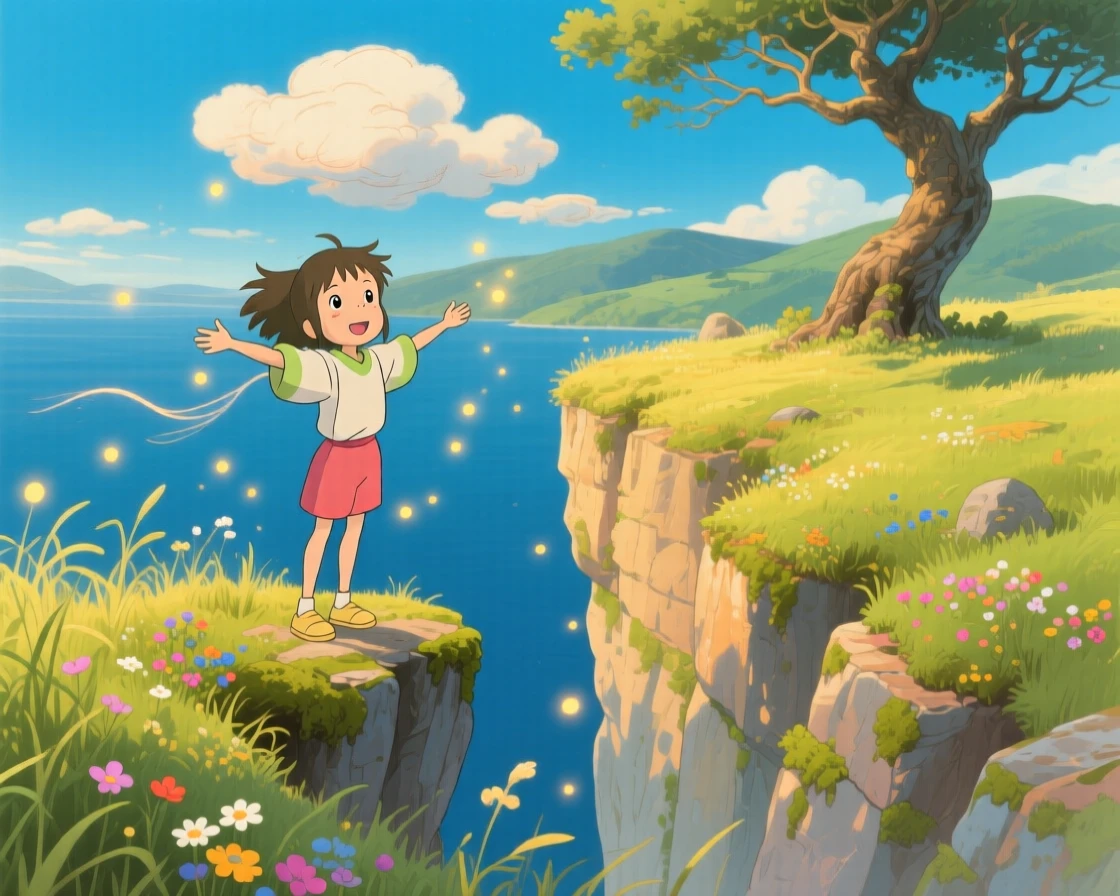 A tender moment of a person standing at the edge of a cliff, arms open to the wind, the scene gently triumphant.