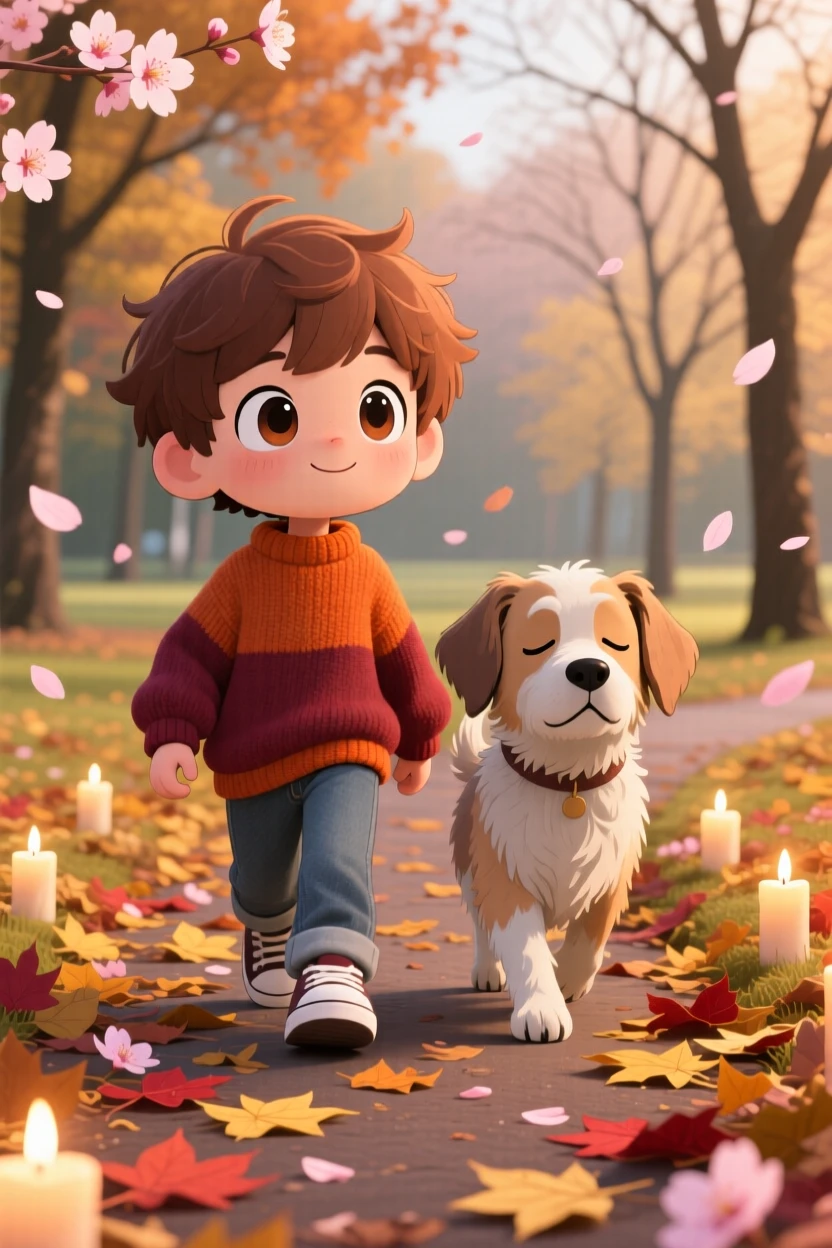 Medium shot of a boy and his old dog, walking together through fallen leaves, in a quiet autumn park, as cherry blossom petals drift on the breeze, illuminated by gentle candlelight, radiating wide-eyed wonder.