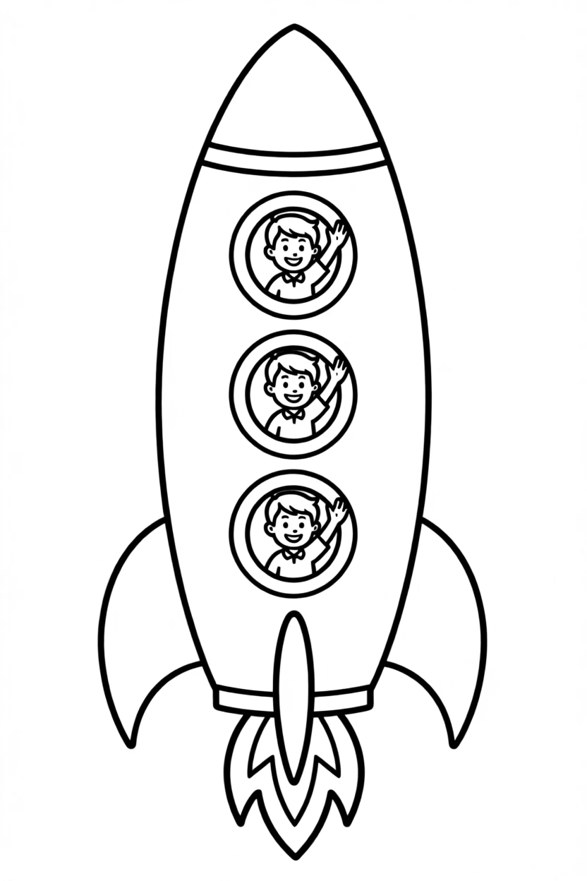 A rocket ship with portholes showing excited passengers waving