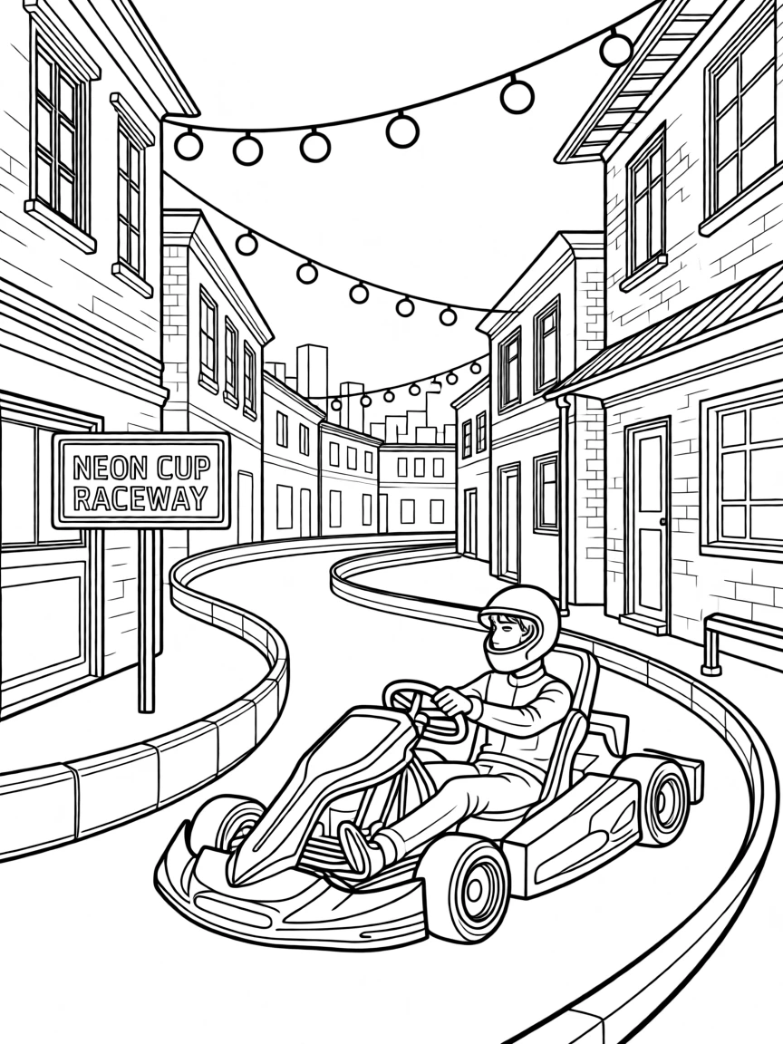 A go-kart racing around a neon-lit track, with string lights strung between old buildings.