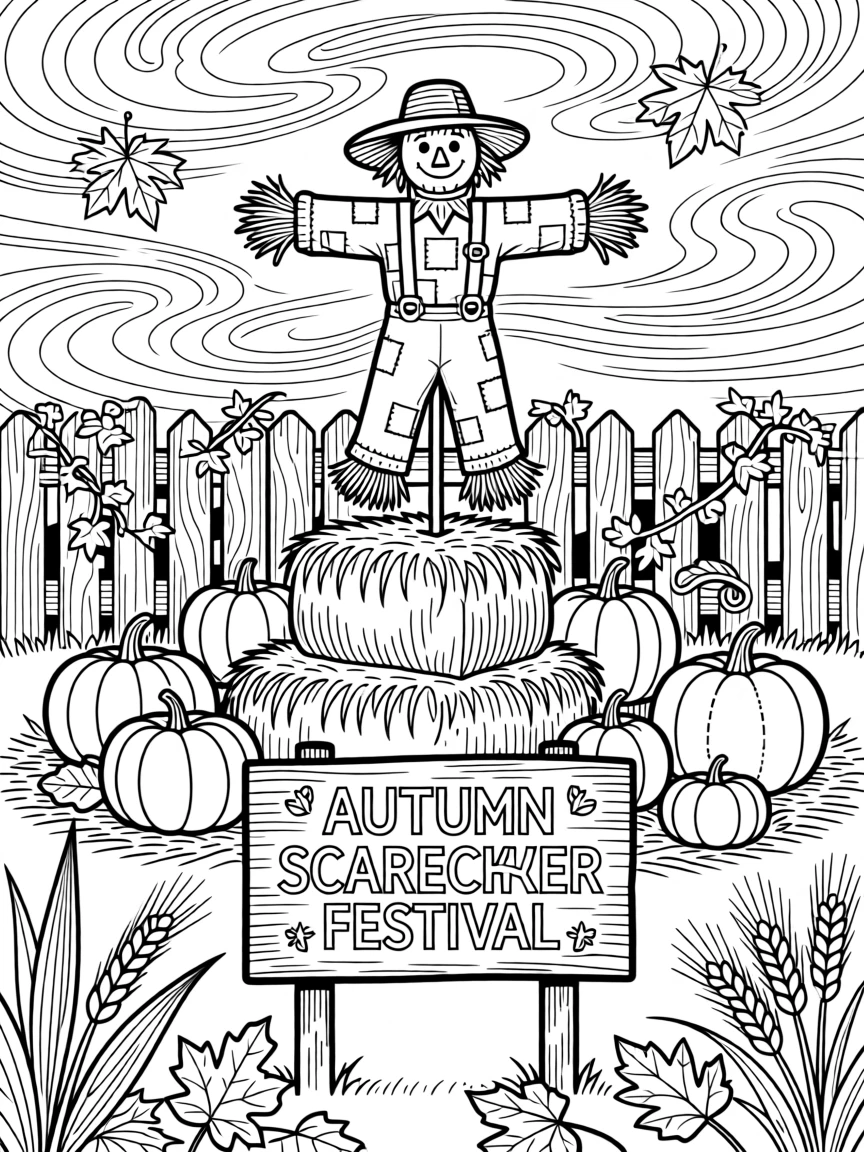 A cozy autumn scarecrow festival scene with hay bales and pumpkins.