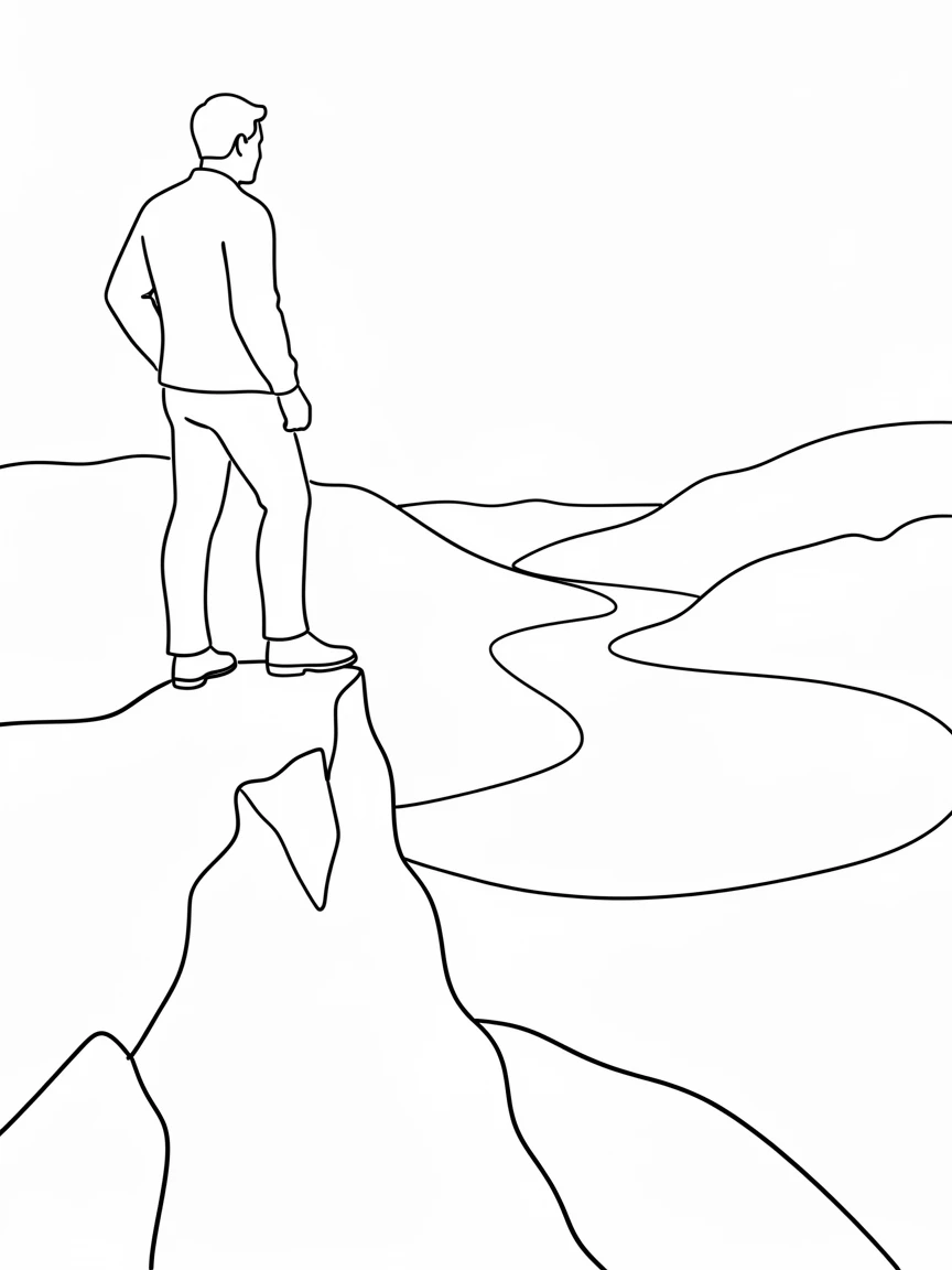 A traveler standing at the edge of a cliff overlooking a fjord