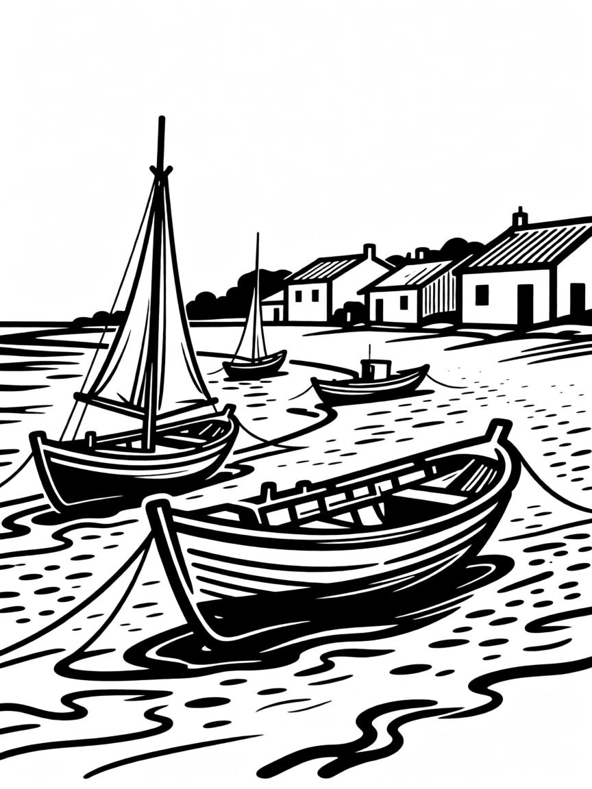 A Portuguese fishing village with colorful boats resting on a sandy shore.