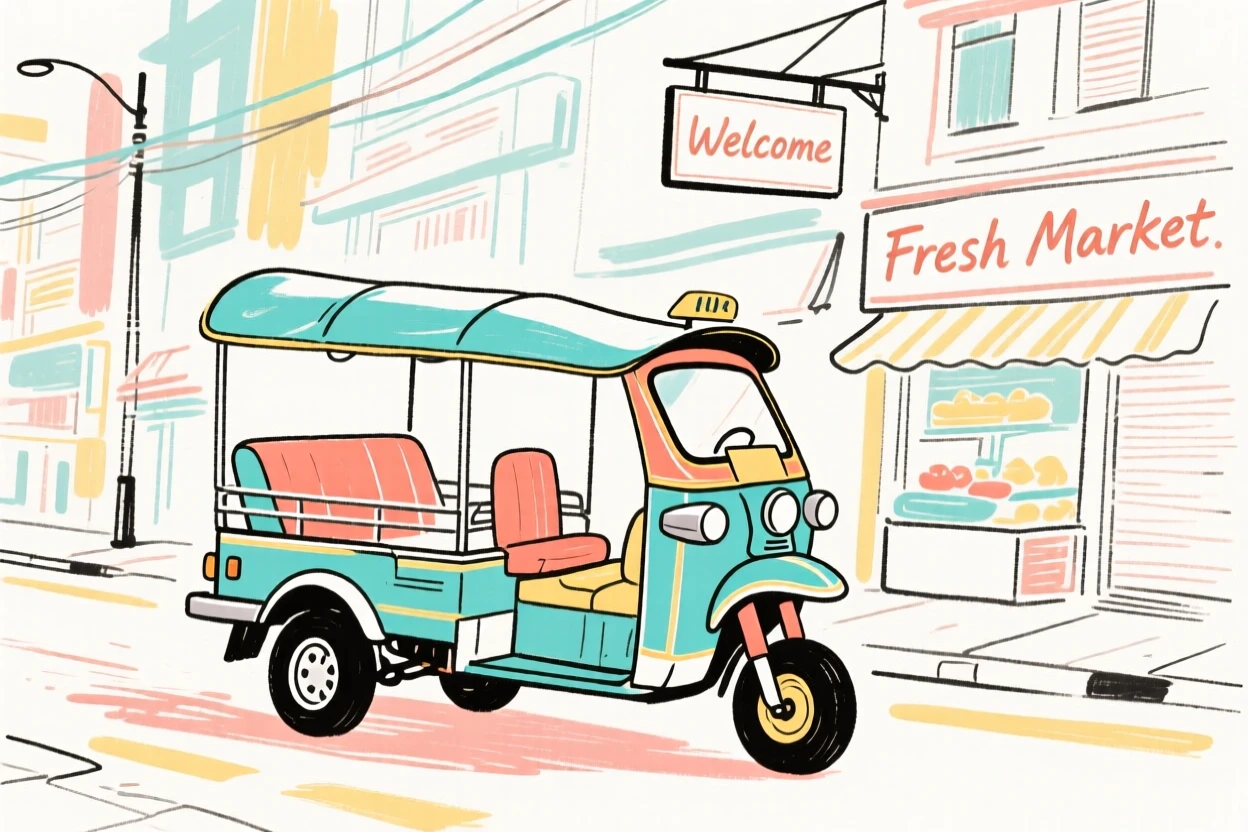 A colorful tuk-tuk weaving through a bustling city street.