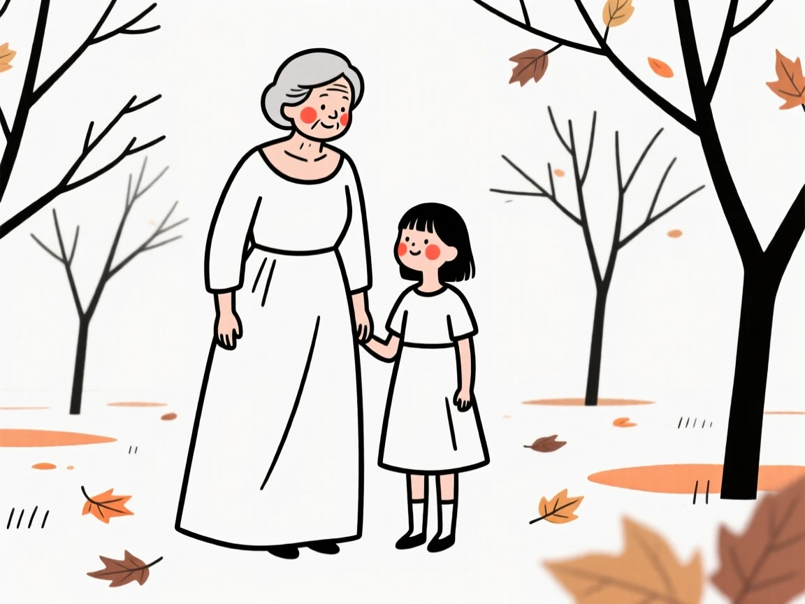 A grandmother and granddaughter in an elegant evening gown, in an autumn orchard.