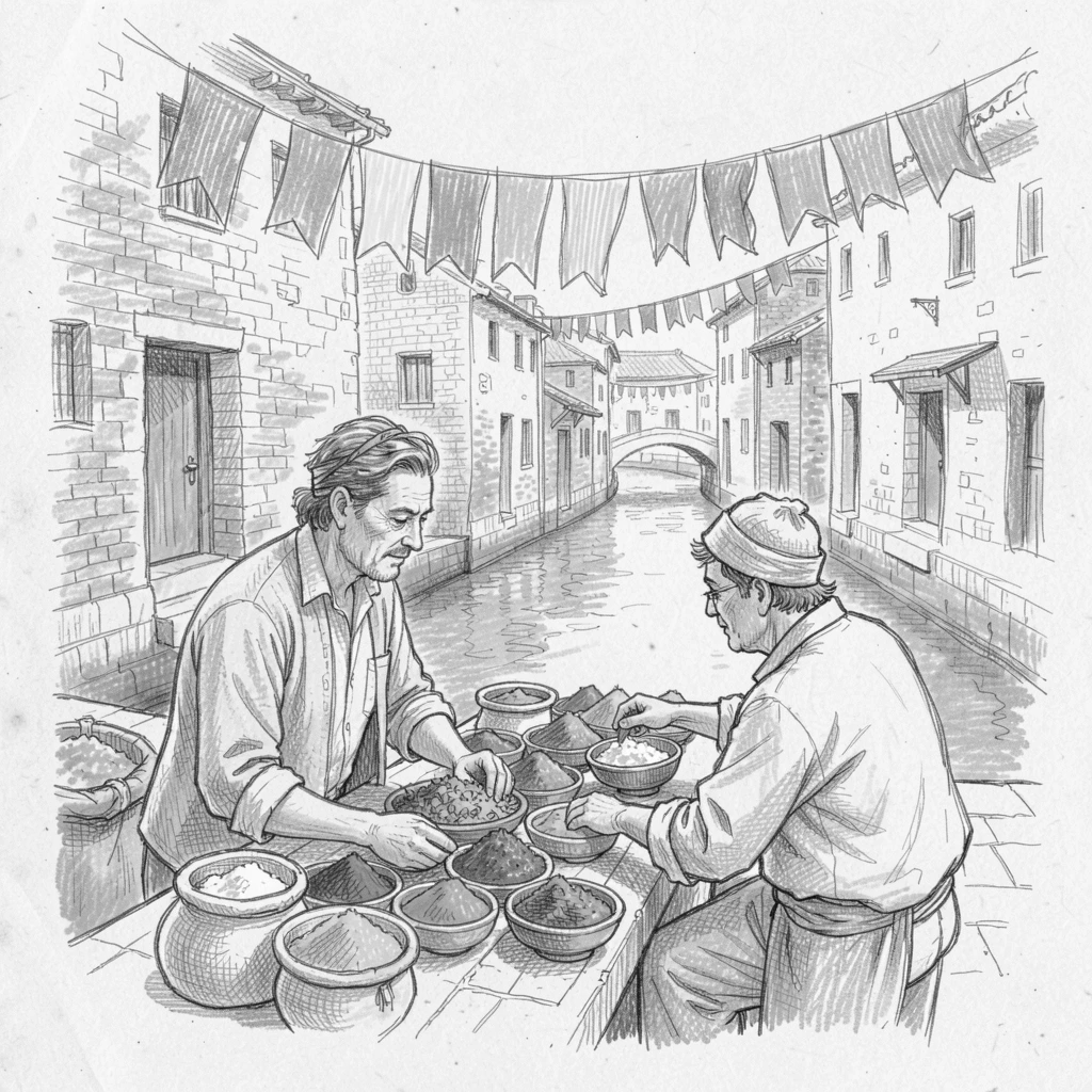 A vibrant cultural scene of a spice merchant arranging vibrant powders and herbs along a quiet canal lined with old buildings, with colorful flags strung overhead.