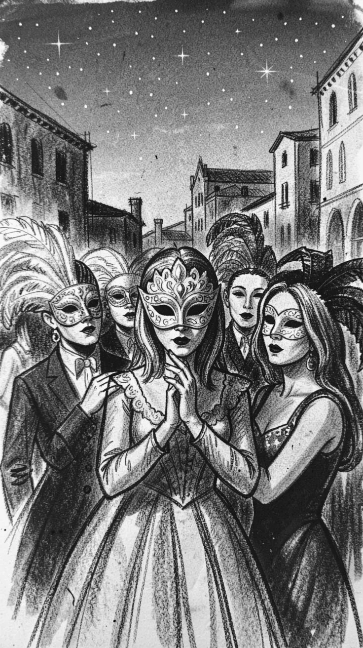 A Venetian masquerade ball with elaborate masks, as the first stars appear overhead.