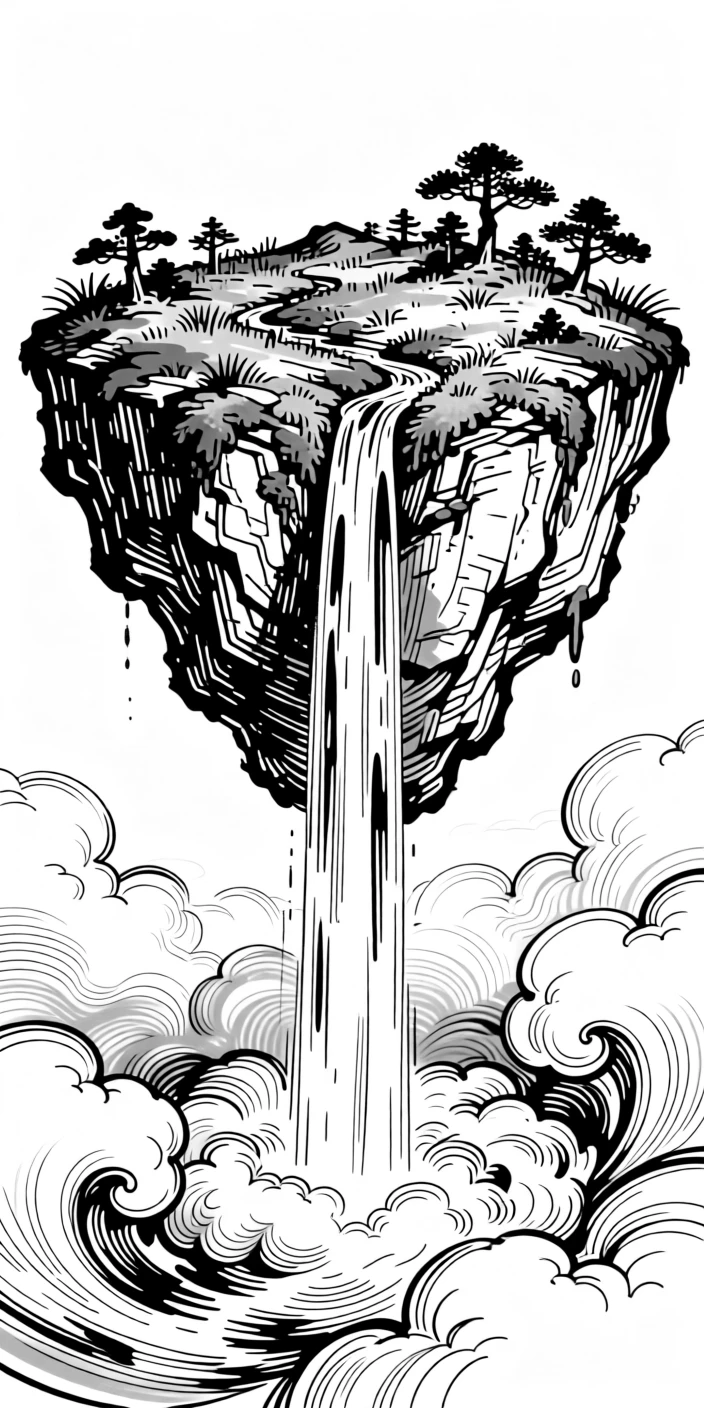 A floating island with a waterfall cascading endlessly into the clouds below.