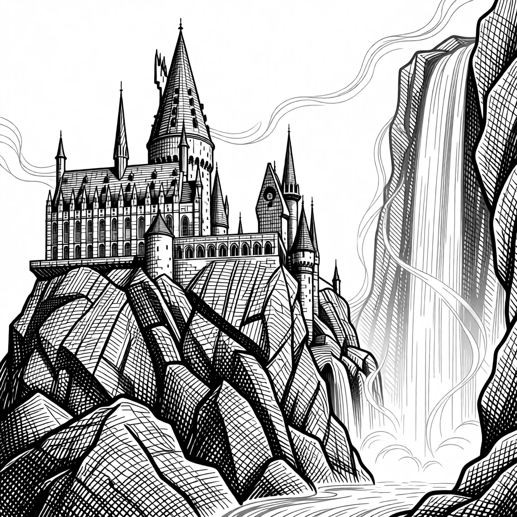 A castle built into the side of a mountain beside a waterfall that flows upward, with wisps of magical light drifting through the air, forming a serene yet powerful fantasy scene.