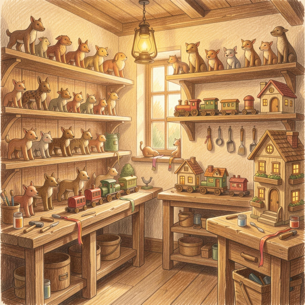 An elf workshop filled with wooden toys and warm lantern light, bathed in the warm glow of golden-hour light, evoking warmth, beauty, and a lasting sense of wonder.