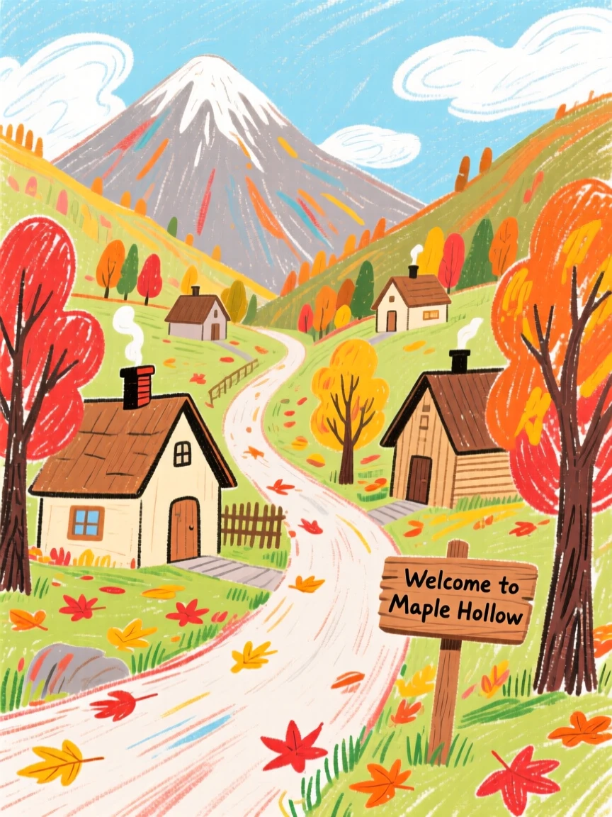 A view of a mountain hamlet dusted with autumn leaves along its streets.