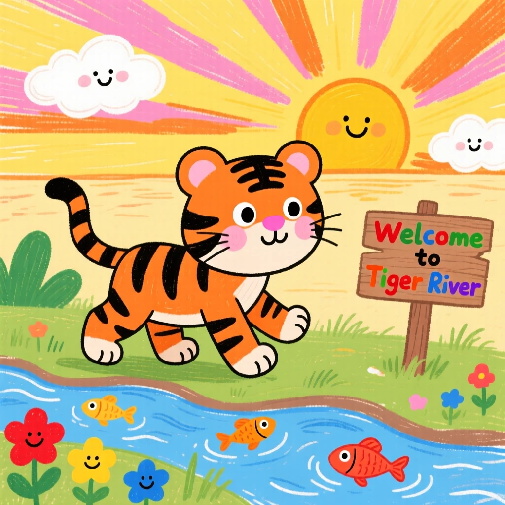 A striped baby tiger waddling along a riverbank at sunrise.