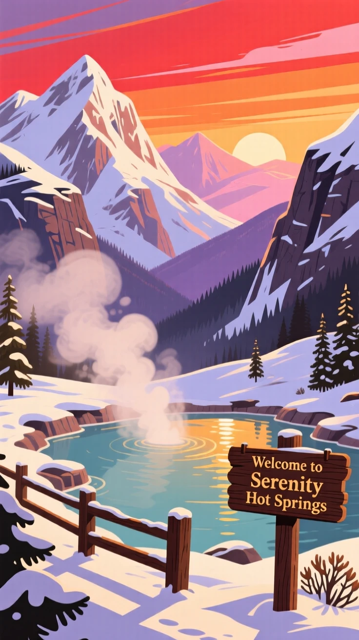 A scenic hot spring nestled among snow-covered mountains, under a dramatic sunset sky, captured from a scenic elevated viewpoint, with a nostalgic, postcard-like charm.