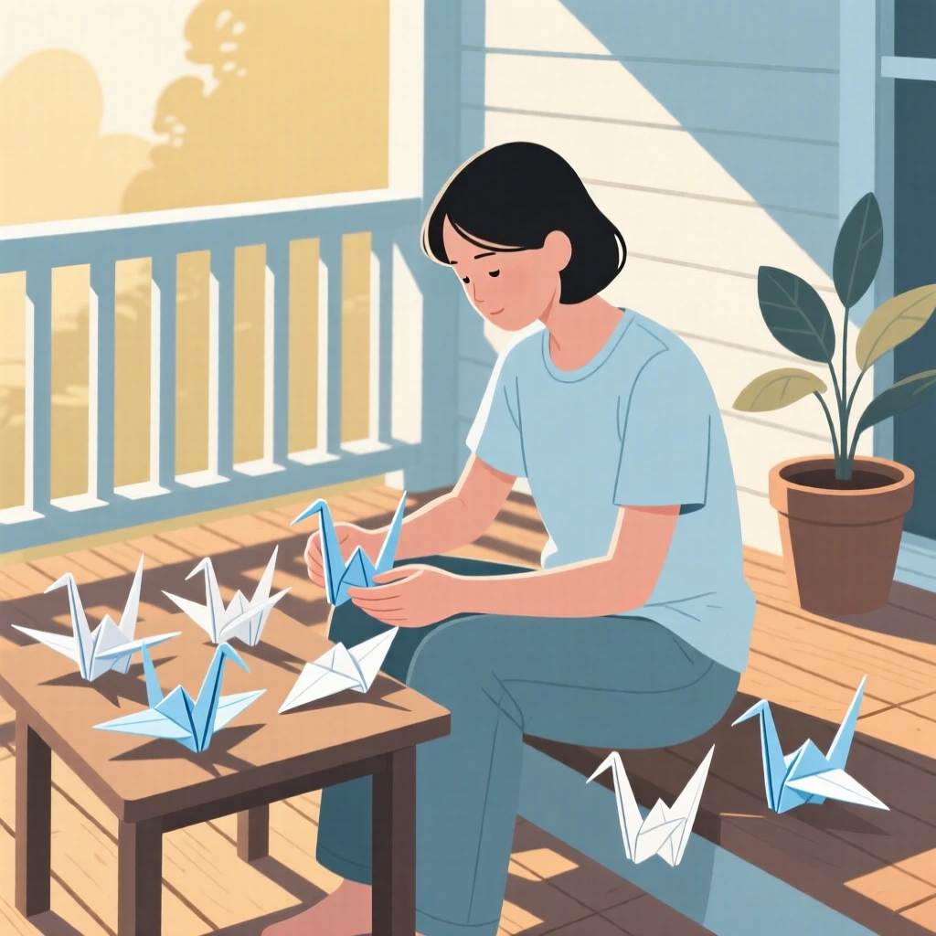 A person folding origami cranes in a sunlit porch.