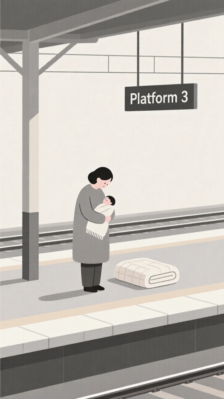 A quiet moment of gentle melancholy as a new parent pauses in an empty train station beside a soft blanket.