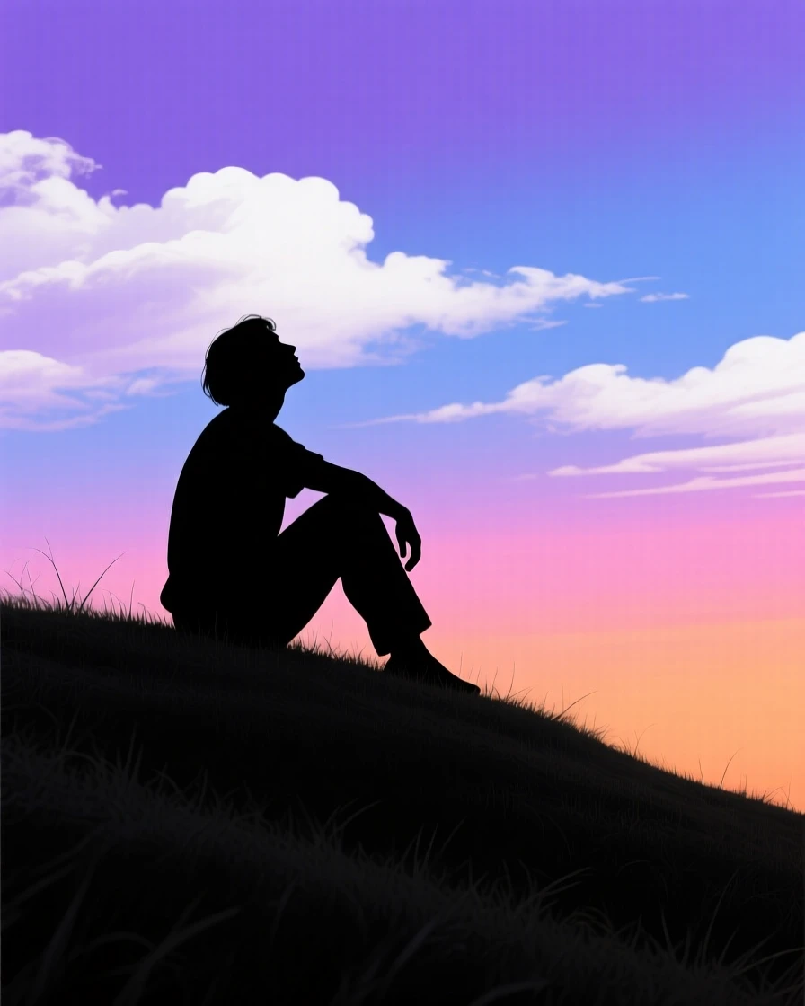 A person sitting alone atop a grassy hill, watching clouds drift by.