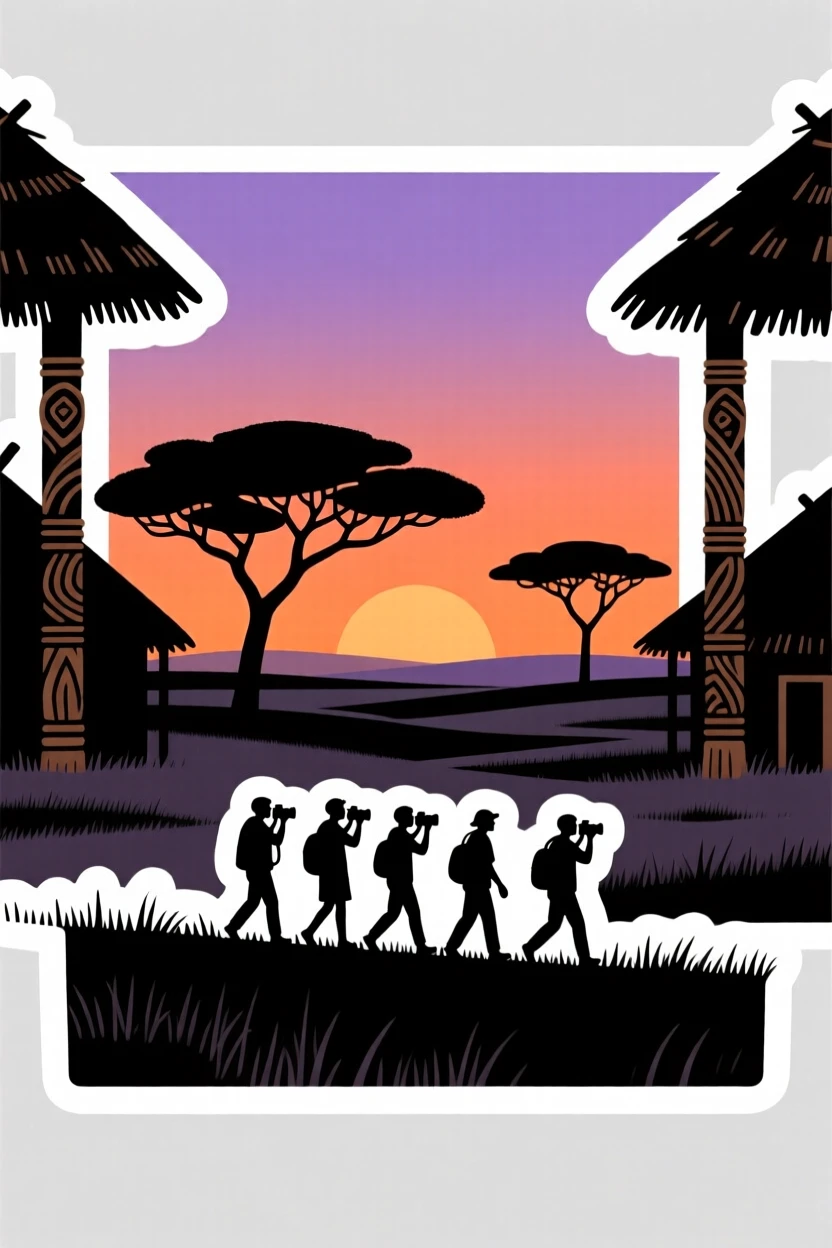 A picturesque African savanna at sunset with acacia trees, framed by traditional architecture, as travelers pass by with cameras ready.