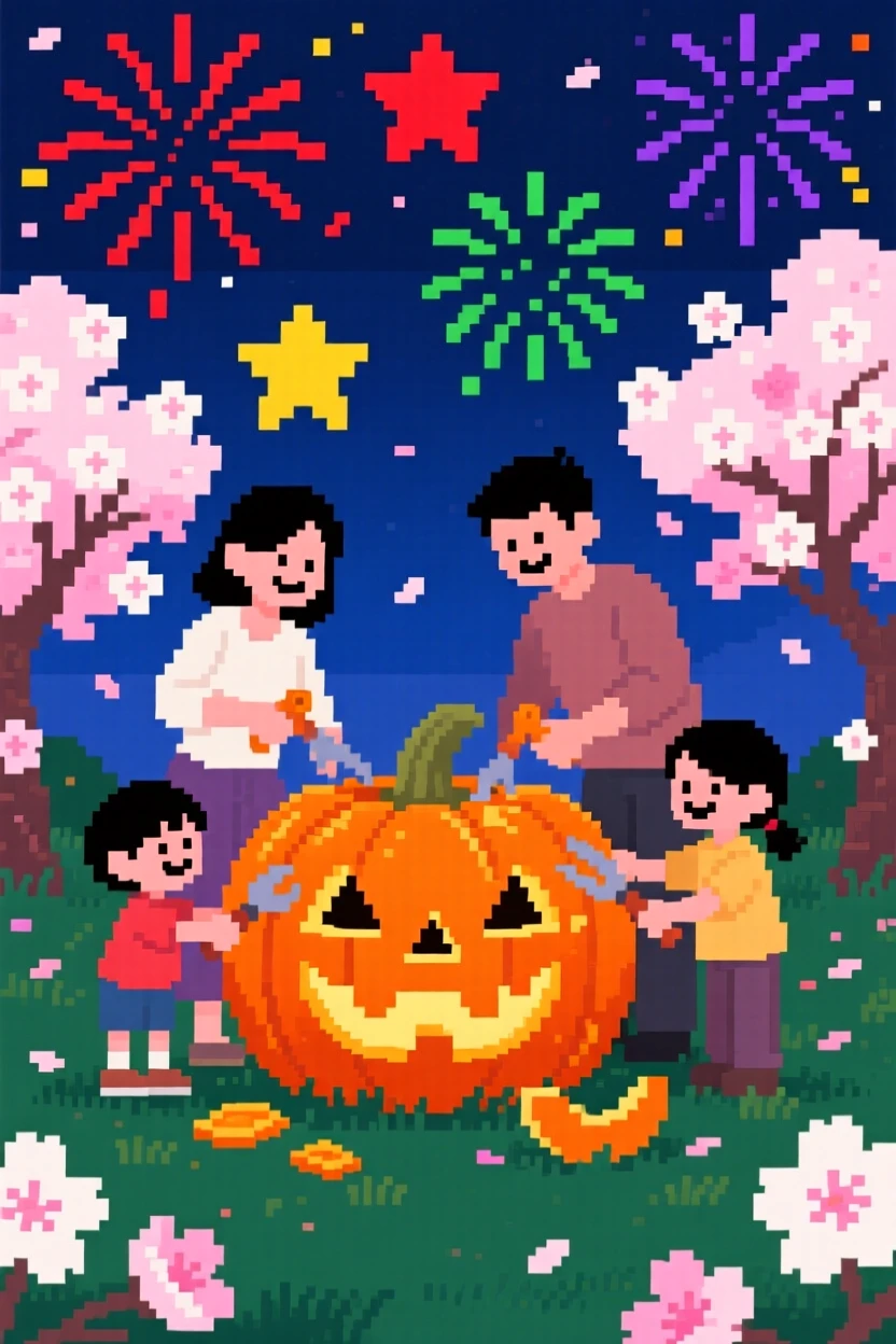 A family carving a pumpkin set against a sky full of fireworks, in a garden bursting with cherry blossoms.
