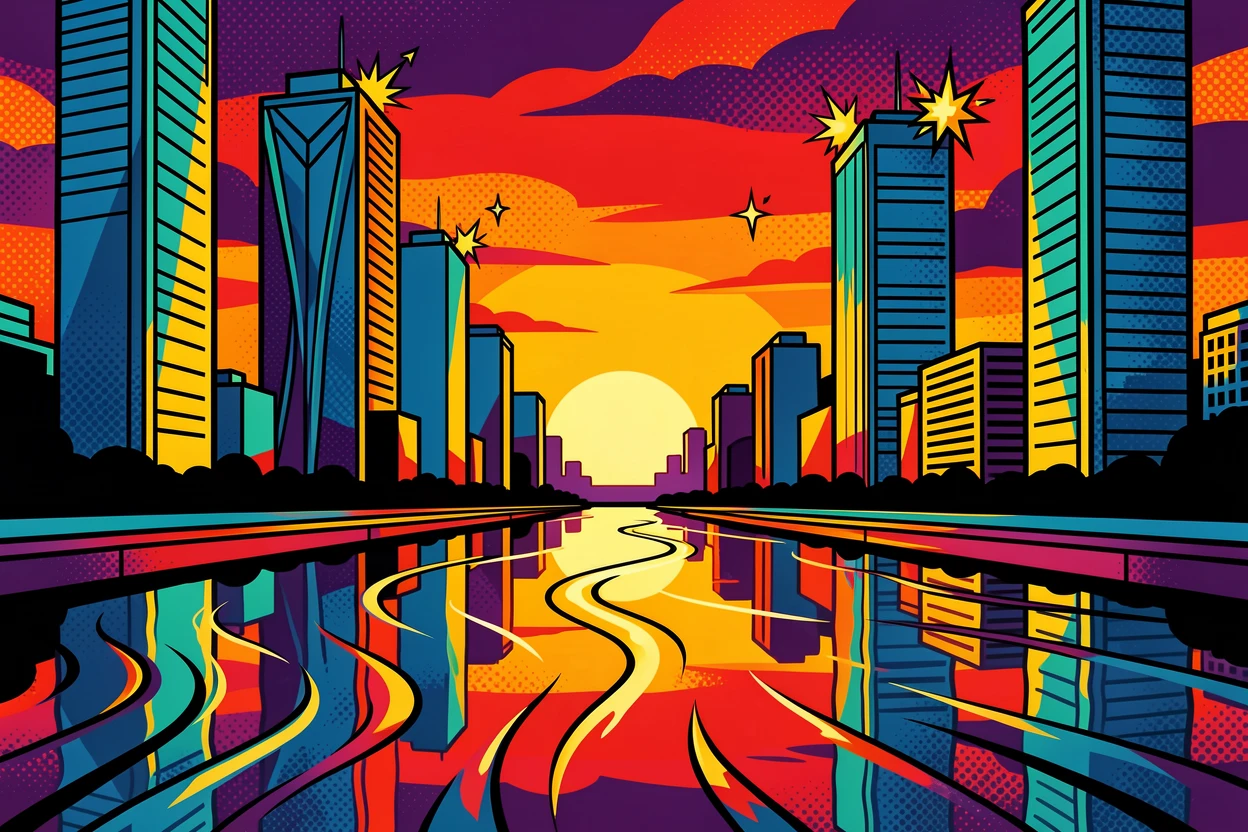A sunset skyline reflected in a river between glass skyscrapers