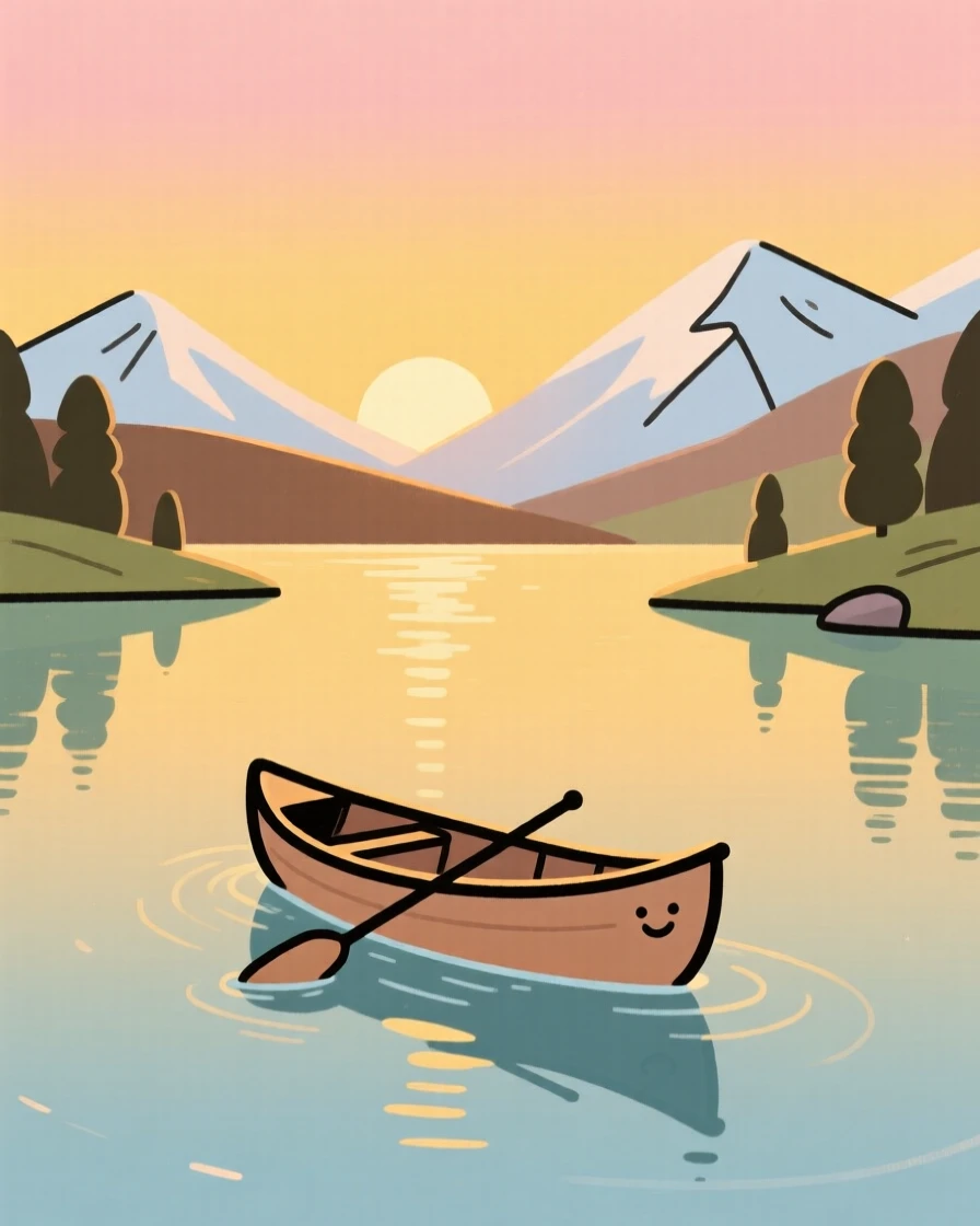 A lone canoe drifts across a glassy alpine lake as the golden glow of sunset stretches across the surface and snow-capped peaks rise in the distance.