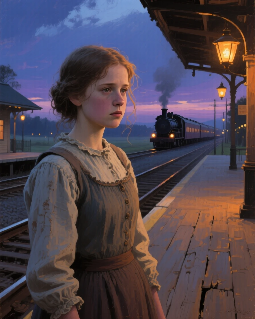 A tightly framed close-up of a farm girl on a train platform at dusk, touched with quiet melancholy, under the night sky.