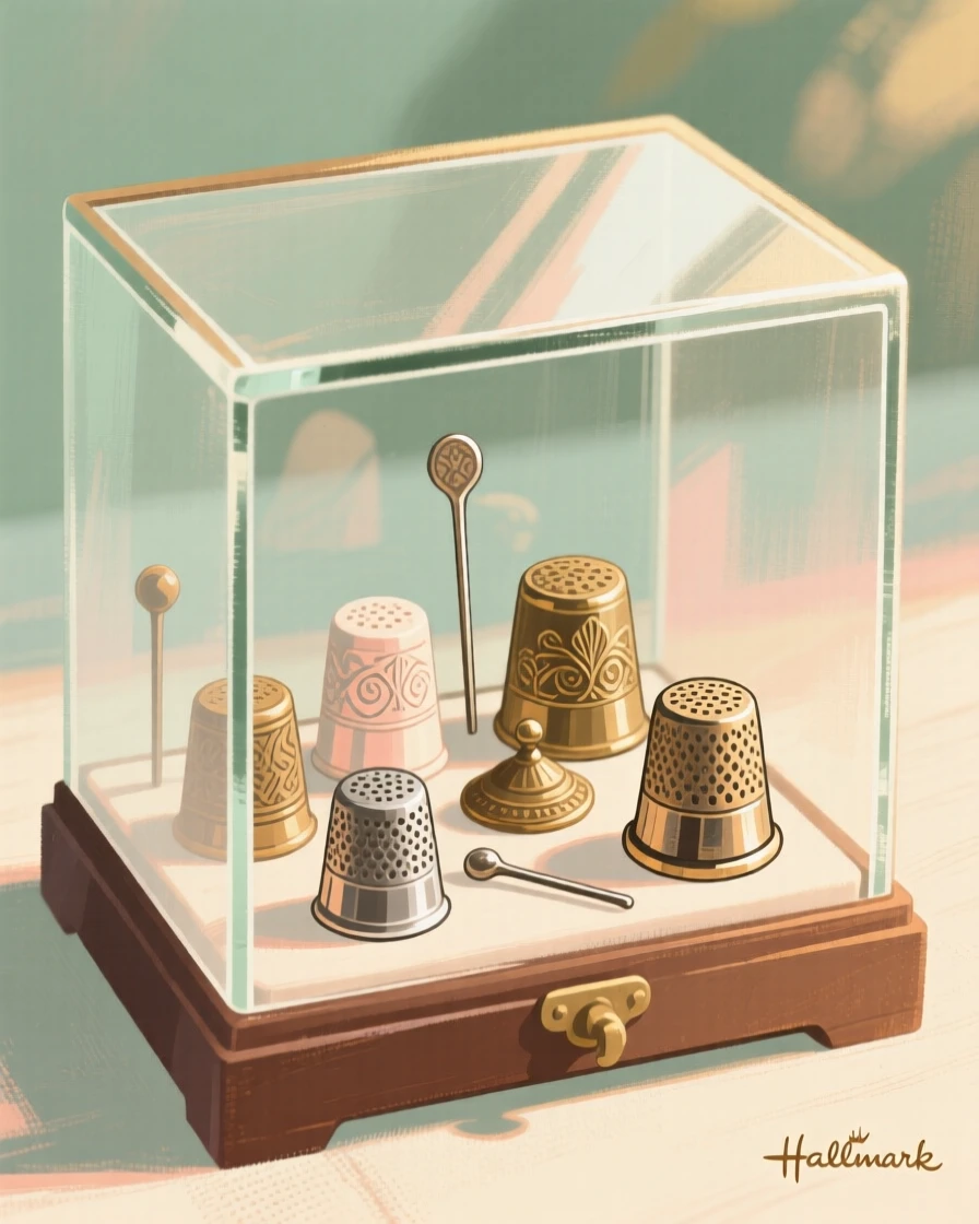 A collection of antique thimbles displayed in a glass case
