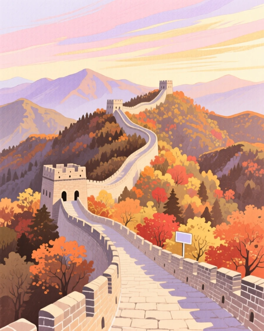 The Great Wall winds across forested mountain ridges beneath a sky streaked with autumn colors