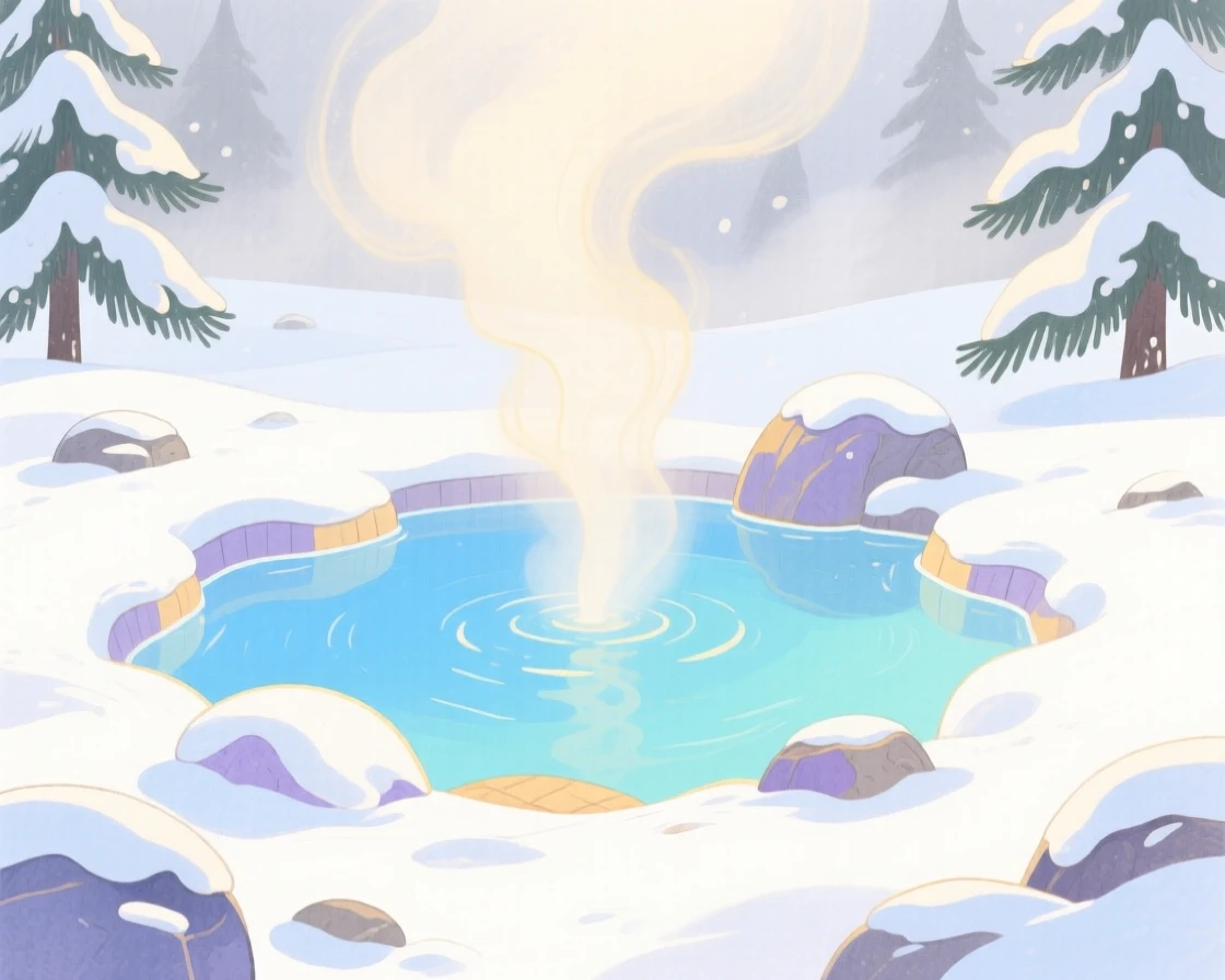 A hot spring steaming in a snowy landscape bathed in warm light under a soft blanket of fog.