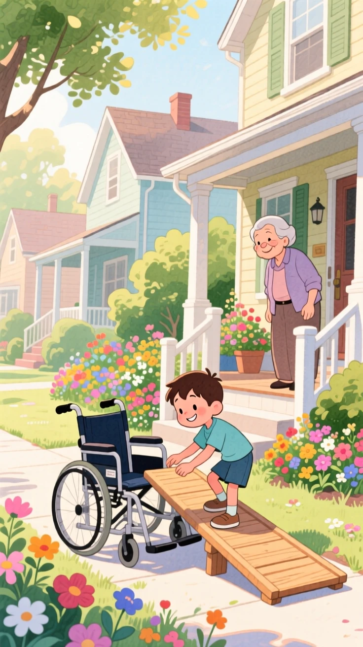 A boy building a wheelchair ramp out of wood for his neighbor's front porch, in a peaceful neighborhood full of blooming gardens, radiating kindness, hope, and heartfelt emotion.