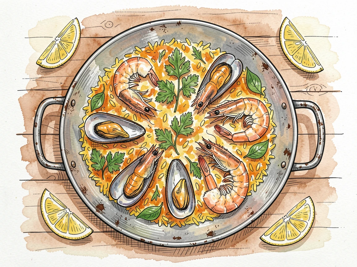 A rustic paella pan sizzling with saffron rice, shrimp, and mussels, fresh herbs and garnishes scattered artfully around the dish.