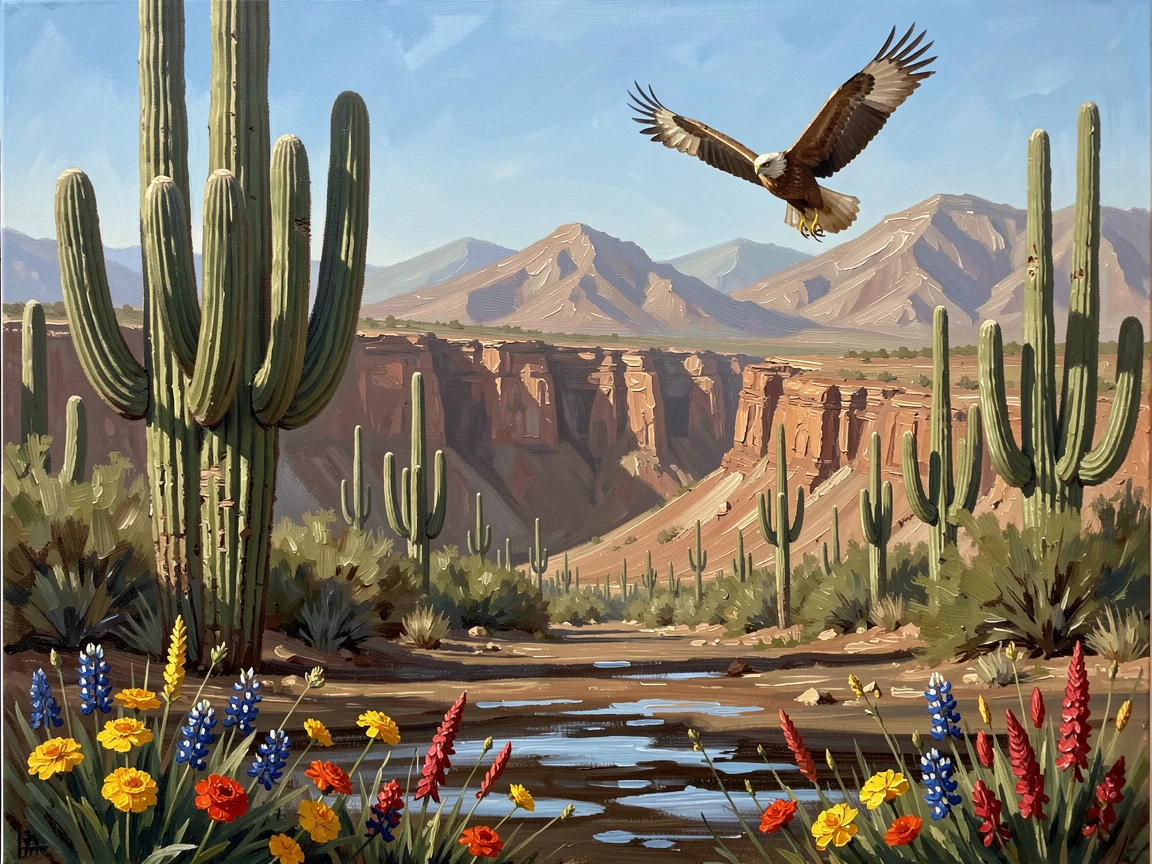 A field of towering saguaro cacti, with distant mountains shimmering in the heat, a hawk circling high above the canyon, just after rare rainfall, wildflowers briefly blooming.