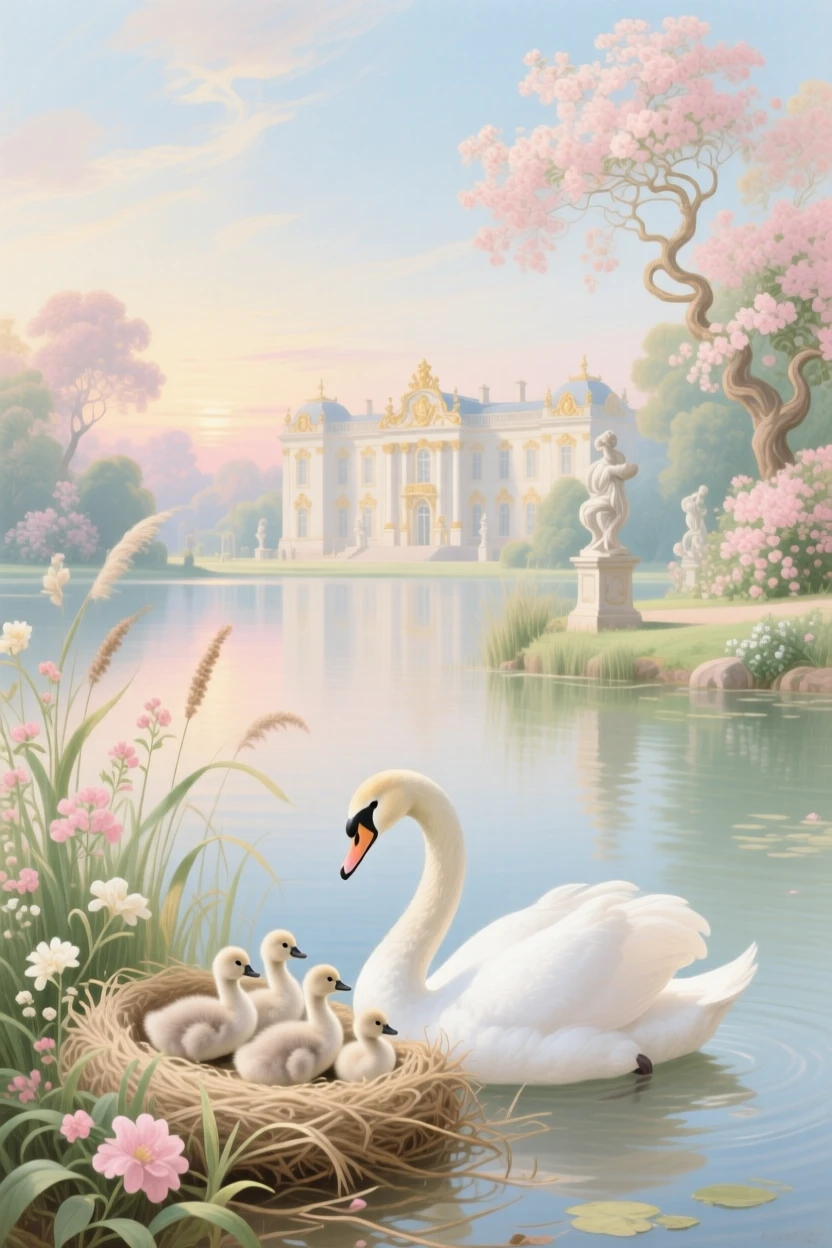A swan nest beside a palace lake with cygnets peeking out  
