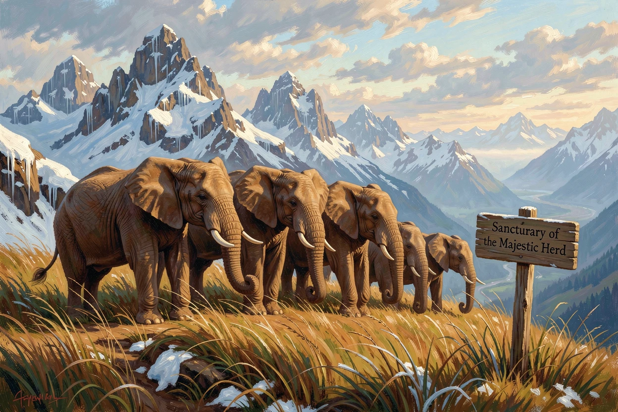 An elephant herd gathers at a snowy mountain ridge while the wind stirs the grass.
