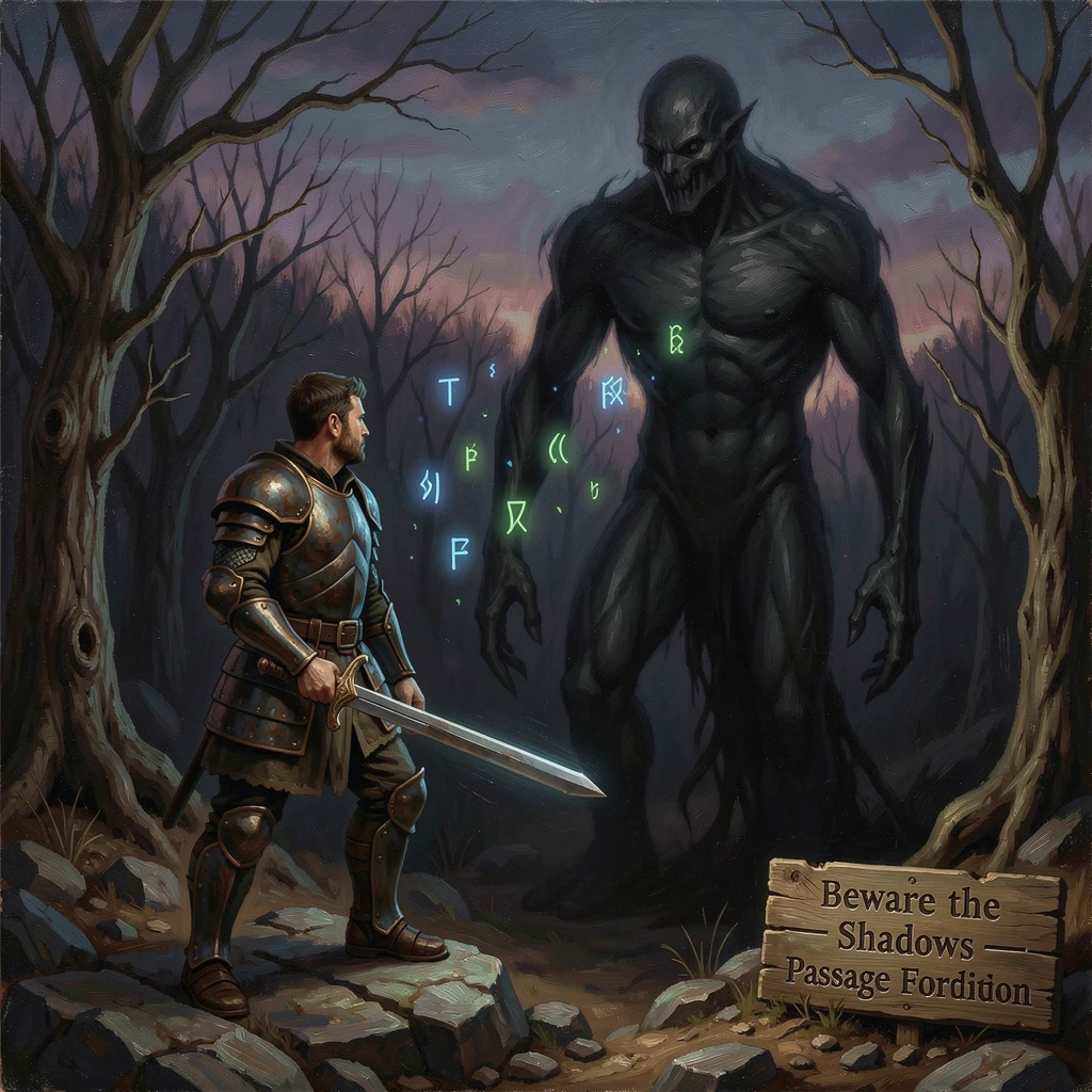A lone warrior facing off against a massive shadow creature at twilight, as glowing magical elements illuminate the surrounding darkness, blending fantasy imagination with striking photorealistic detail