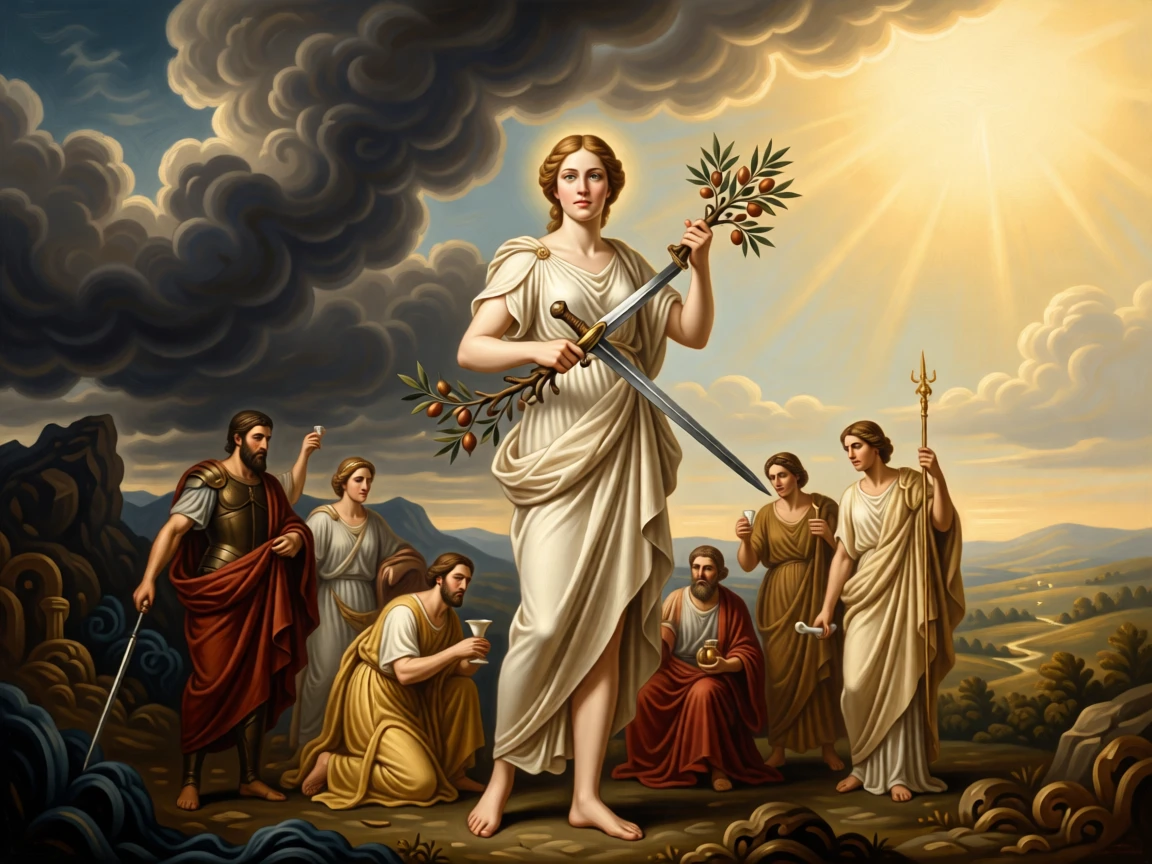 The allegory of Peace breaking a sword over an olive branch in a moment charged with timeless symbolic meaning, set beneath a sky divided between storm and radiant light, with allegorical attendants representing virtues gathered nearby; the composition balances opposing symbolic elements on either side of the central figure, capturing the eternal struggle between light and shadow.
