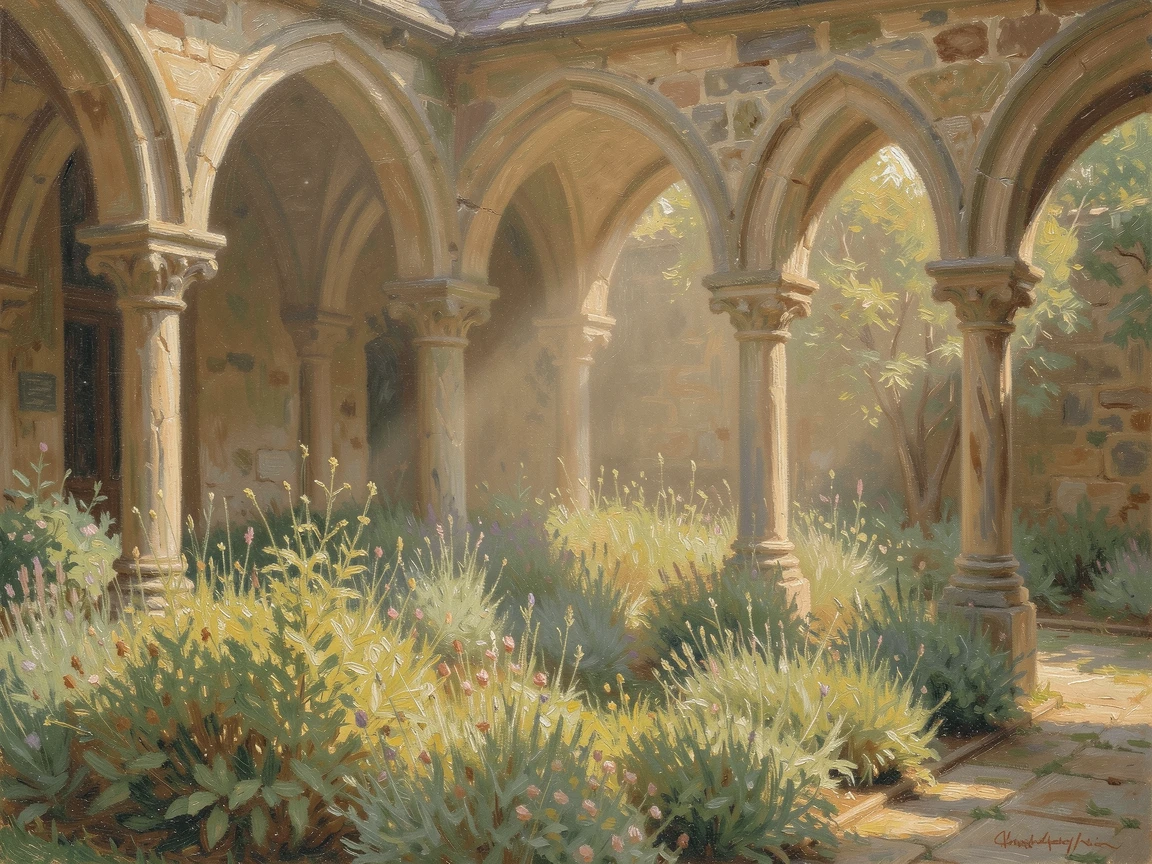 A quiet cloister garden in an ancient monastery, arched stone columns framing a bed of herbs, evoking a sense of peace and quiet wonder.