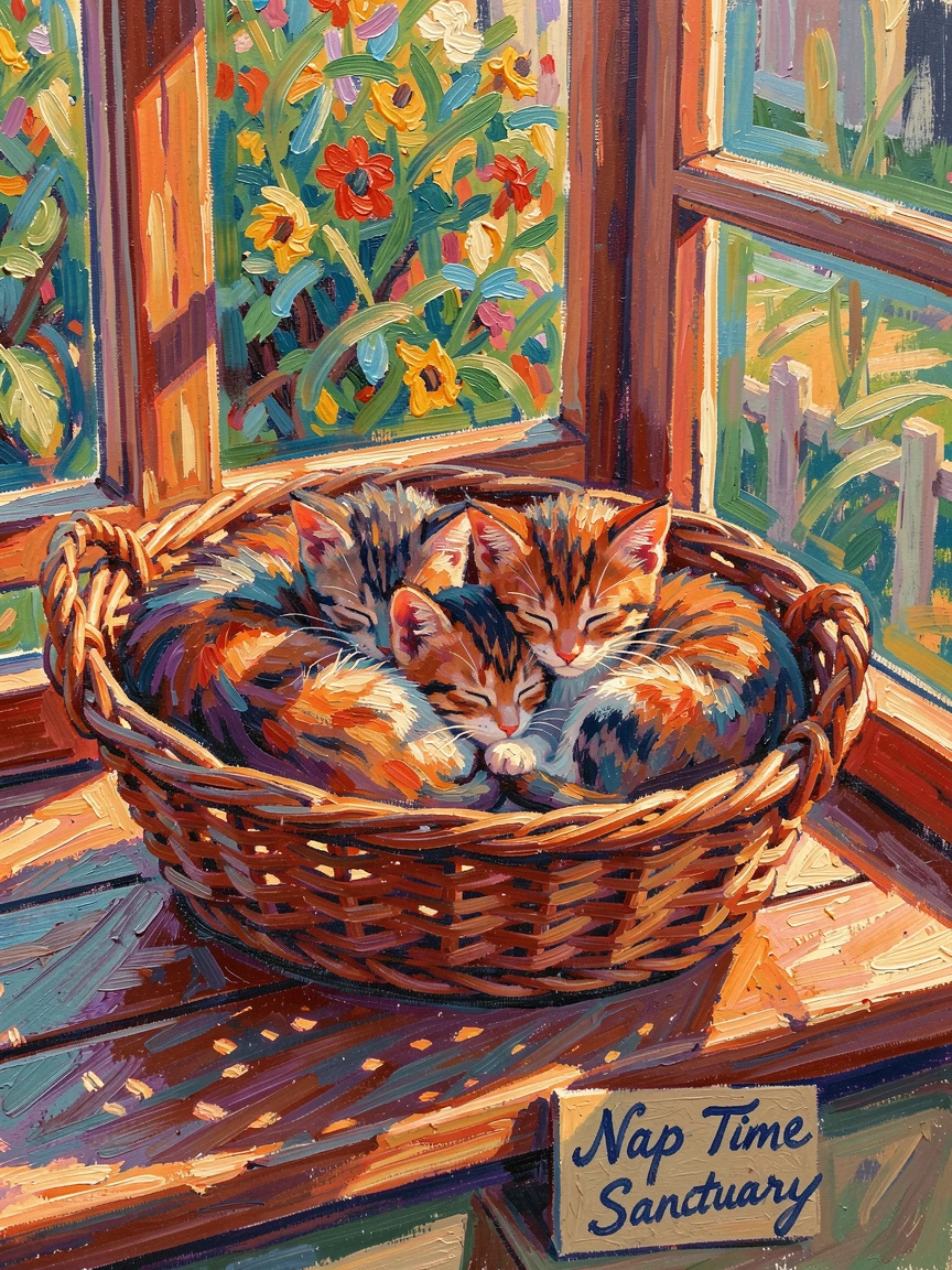 A litter of kittens curled together asleep in a basket by a warm window.