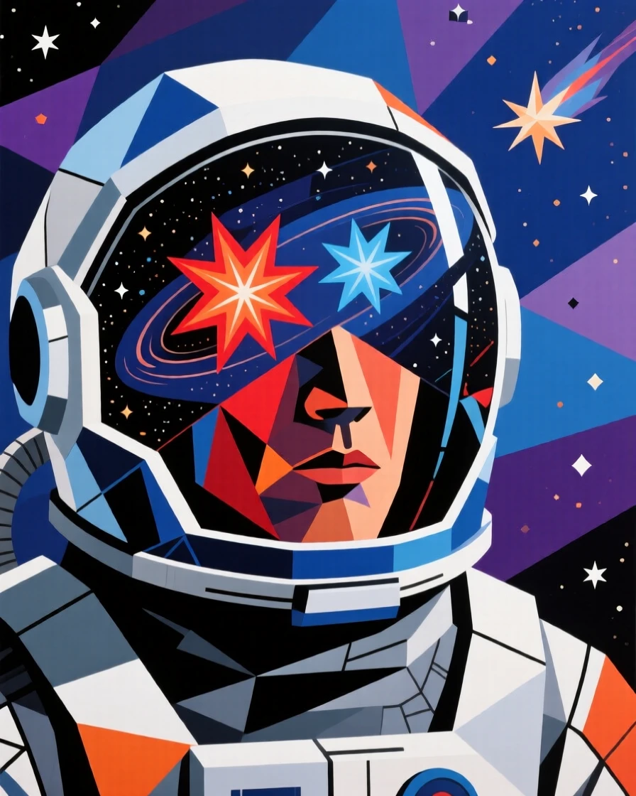 A stunning cosmic view of a distant binary star system reflected in the visor of an astronaut's helmet.
