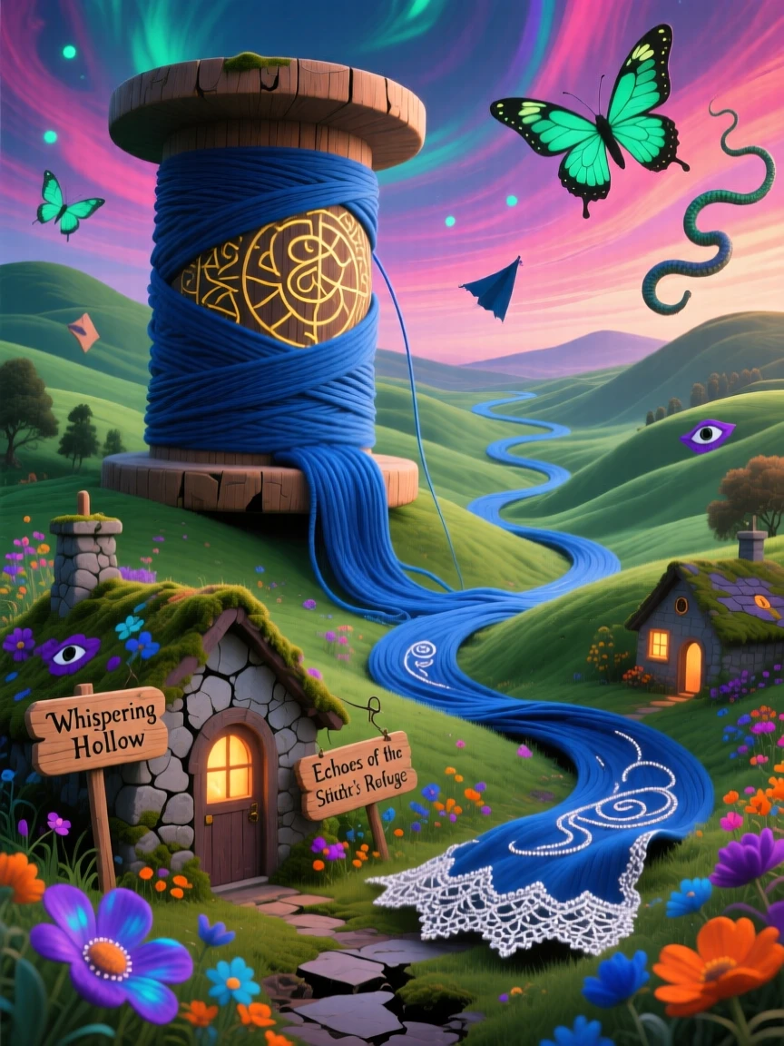 A massive spool of thread unraveling across rolling green hills towers silently over a scattering of small stone cottages, while wildflowers push up through cracks along its surface.