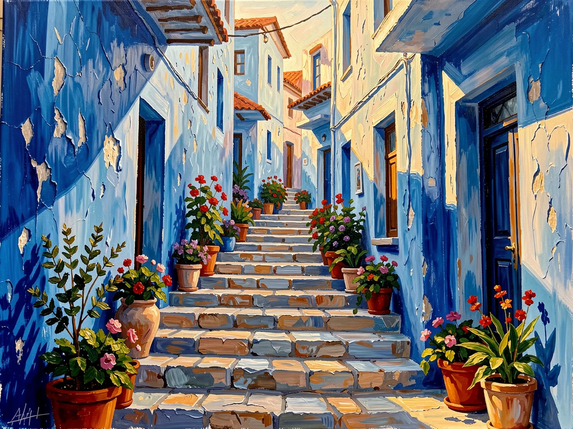 A colorful street in Chefchaouen, Morocco, shows every building painted in varying shades of blue, potted plants lining the narrow stone stairs, the changing light of the hour casting long shadows that add depth to every surface.