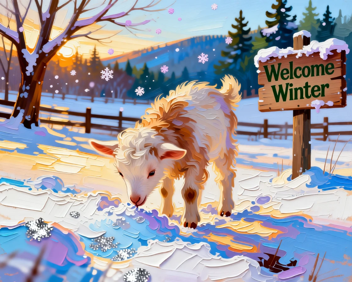 A heartwarming photo of a baby goat discovering snow for the very first time