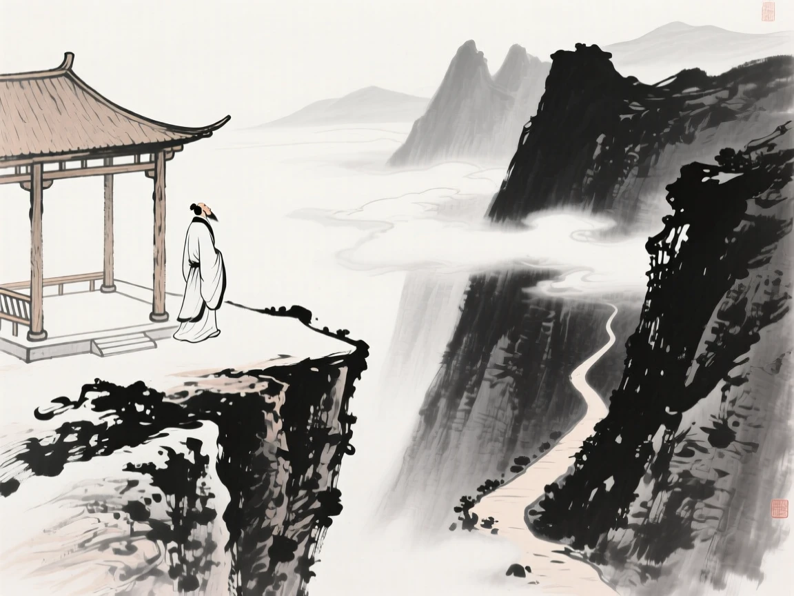 A scholar gazes out over a valley from a cliffside pavilion, as clouds drift below the mountain path.