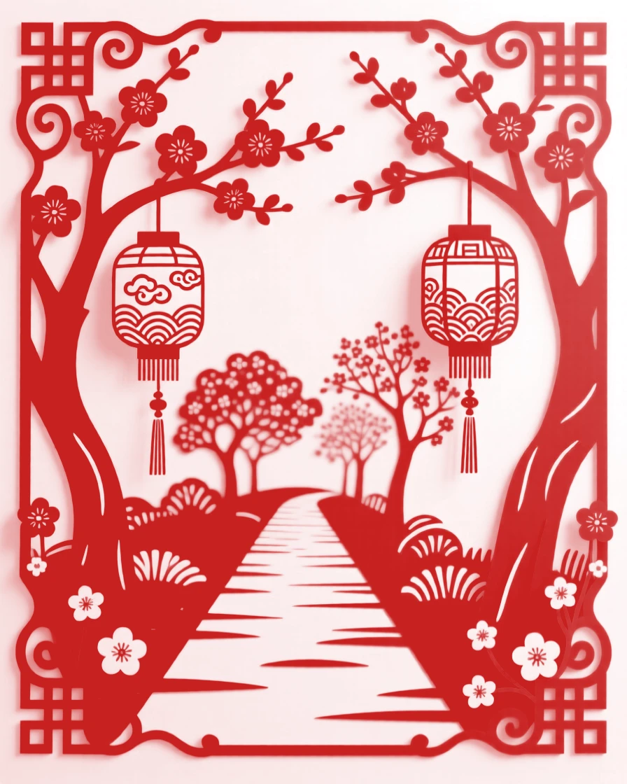 A Autumn scene of a garden path lined with blossoming trees, lanterns being hung in preparation for the evening.