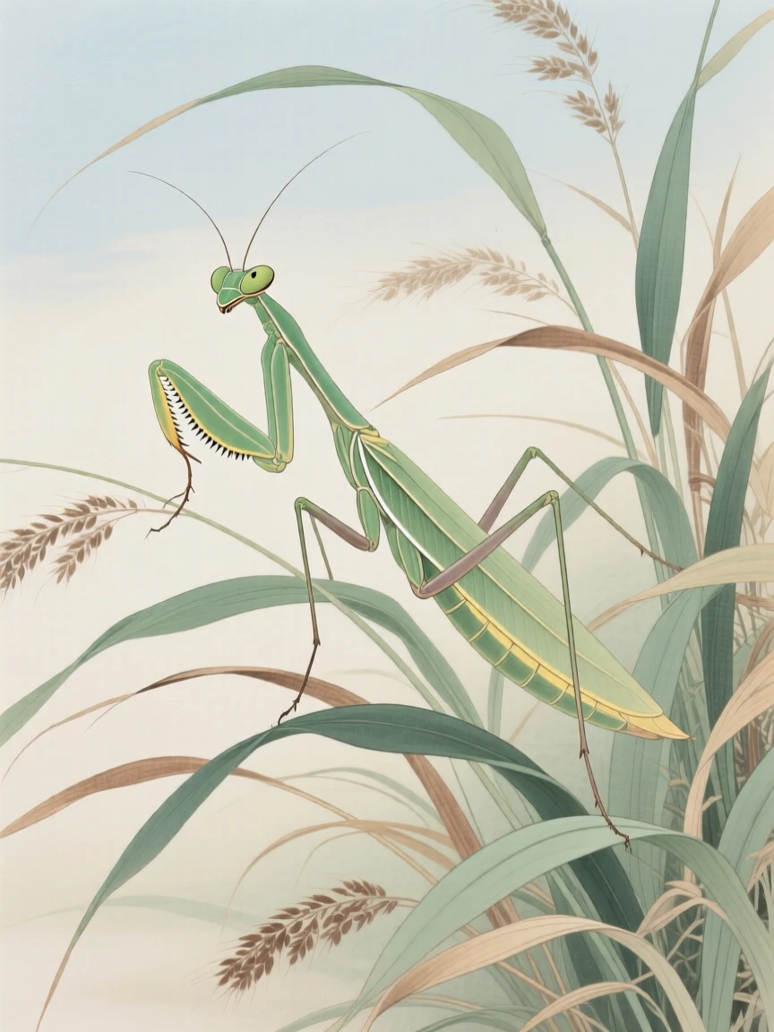 A praying mantis among tall grasses swaying in the breeze