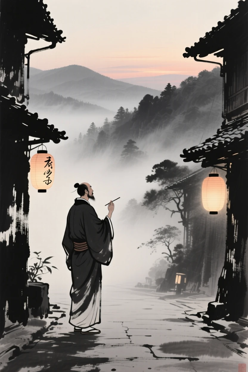 A calligrapher gazing out over a misty valley along a lantern-lit street at dusk, captured mid-gesture in a candid, natural moment, conveying quiet devotion and simple contentment.