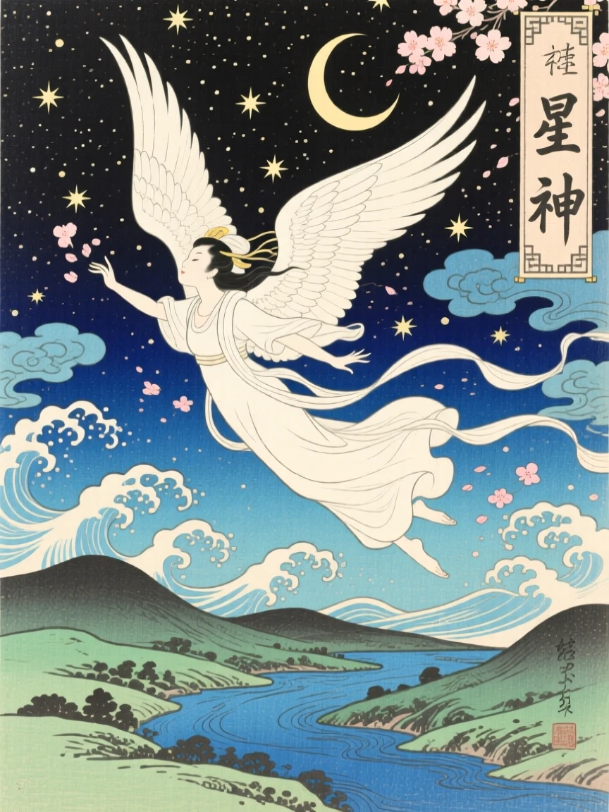 A star-born deity shimmering mid-flight in white feathers.